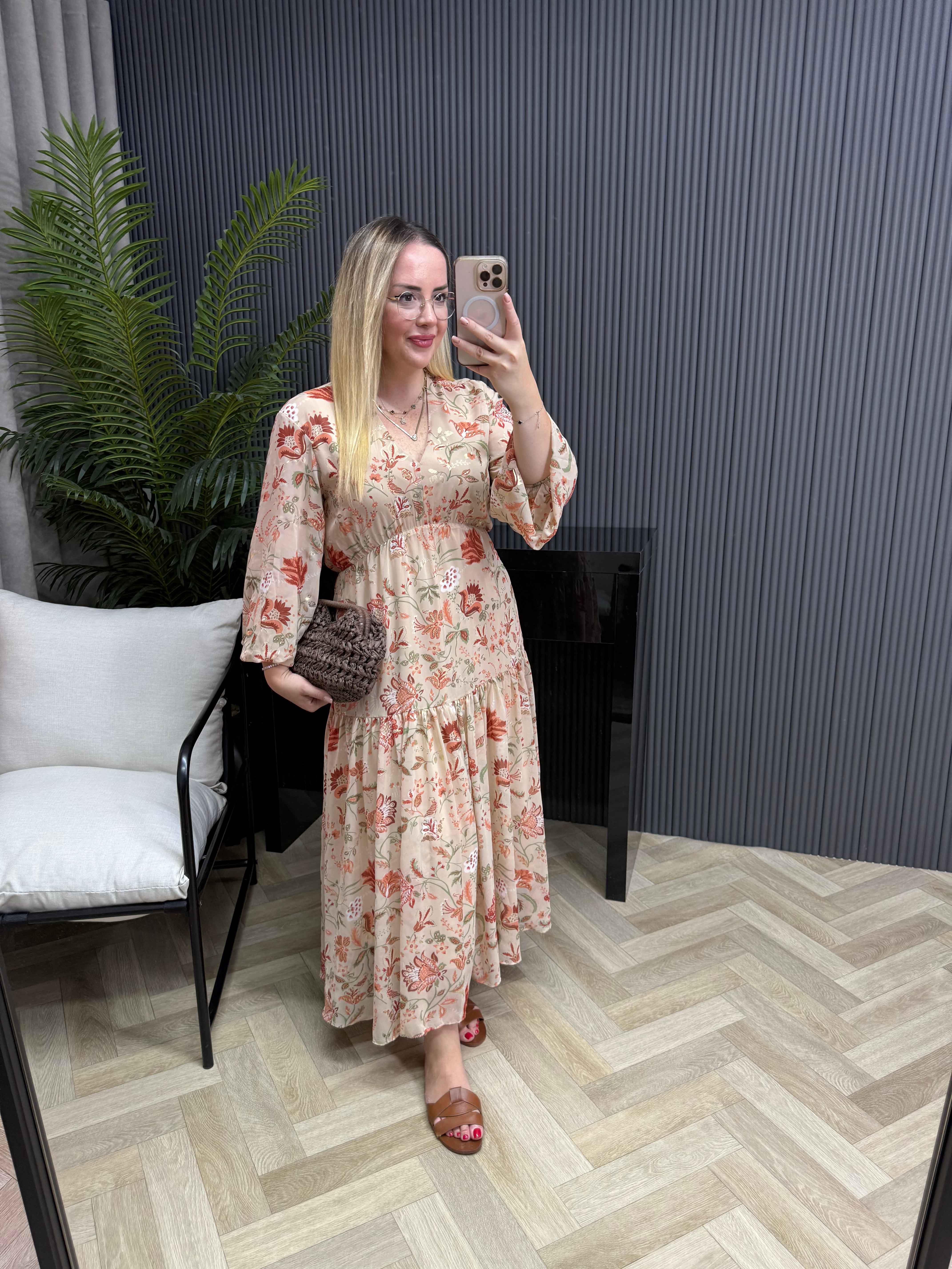 Çiçekli Şifon Kumaş Beli Lastikli Şifon Elbise Yavruağızı