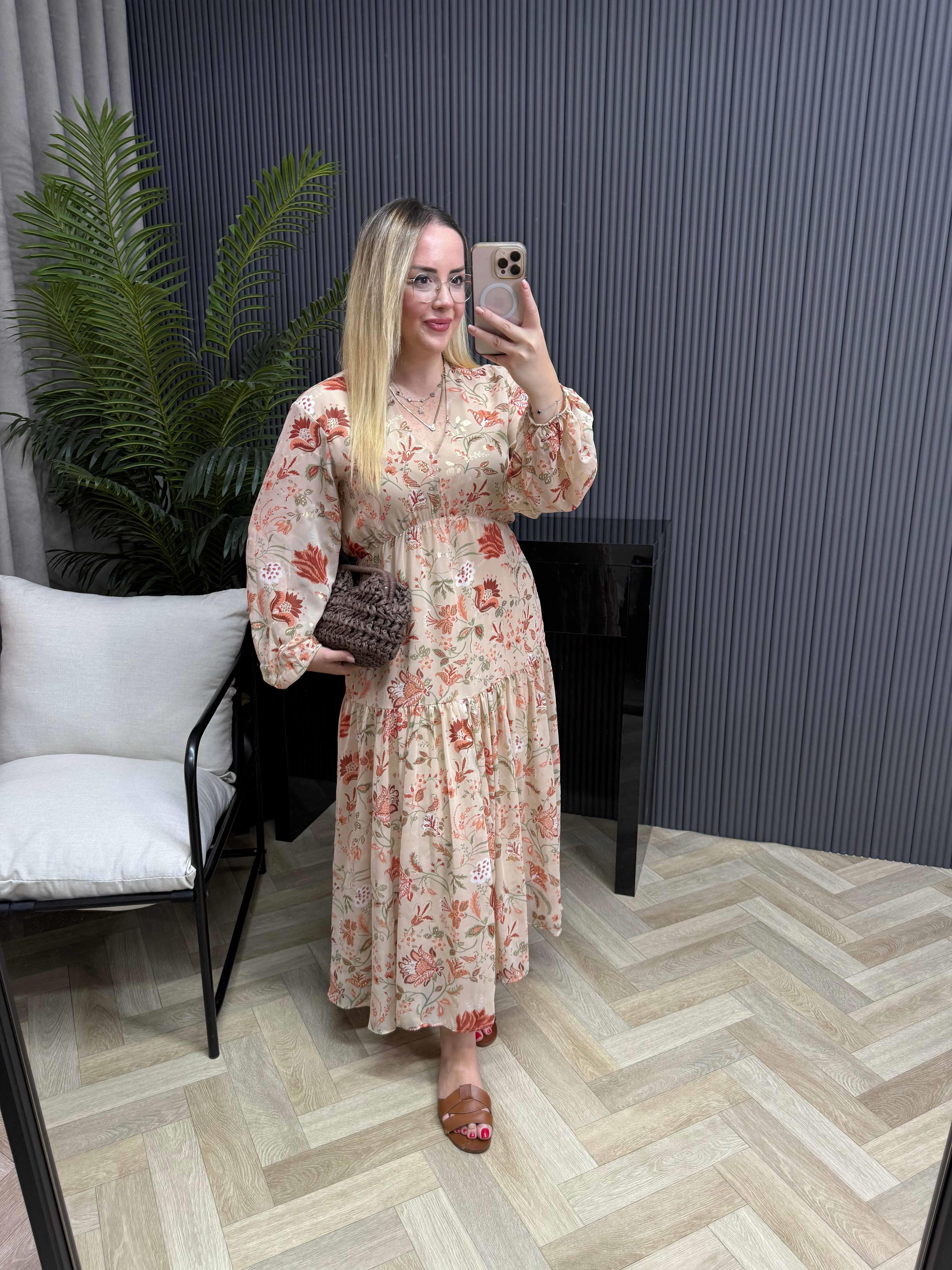 Çiçekli Şifon Kumaş Beli Lastikli Şifon Elbise Yavruağızı