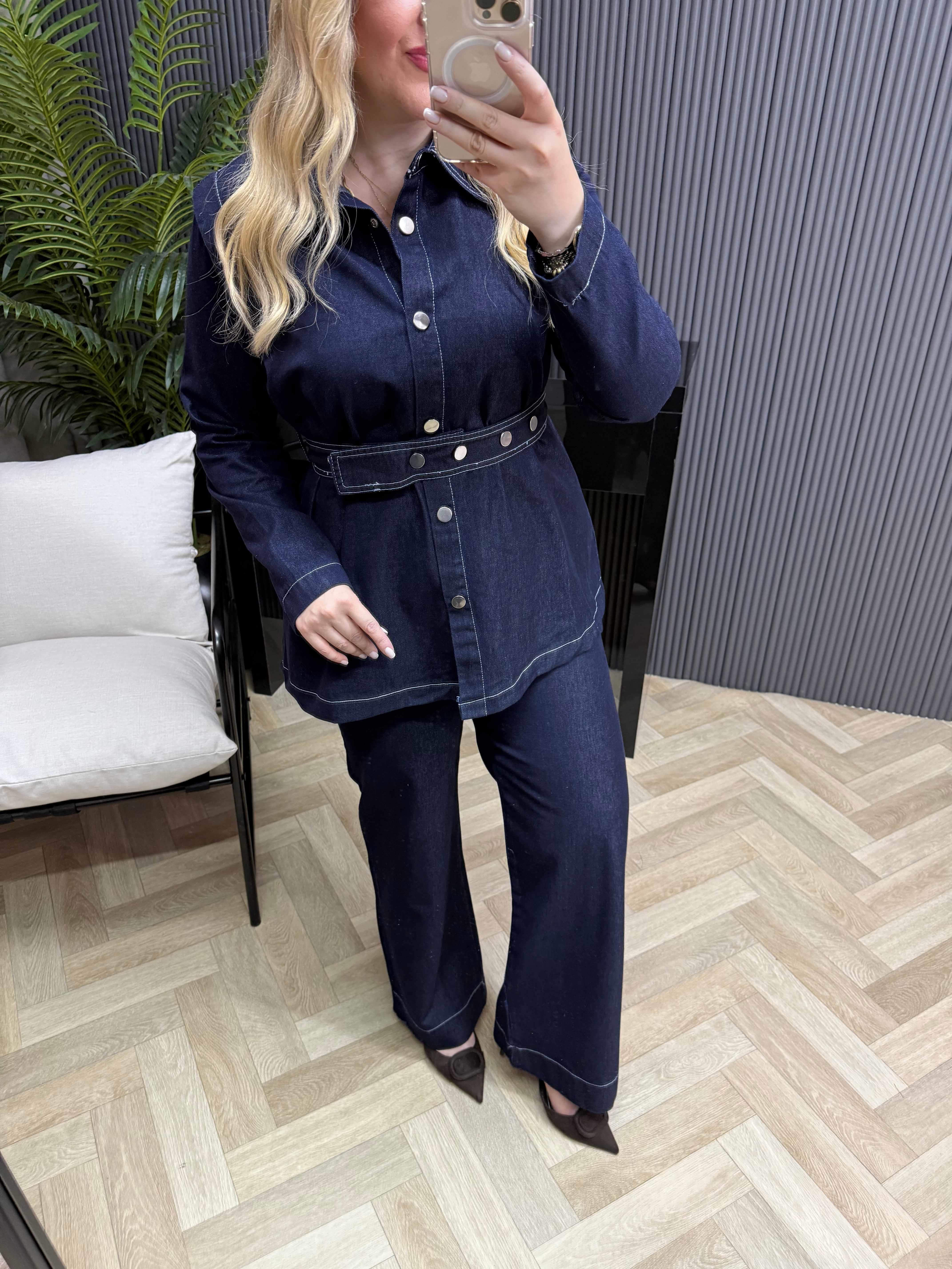 Cıtcıtlı Kemerlı Tasarım Denim Takım