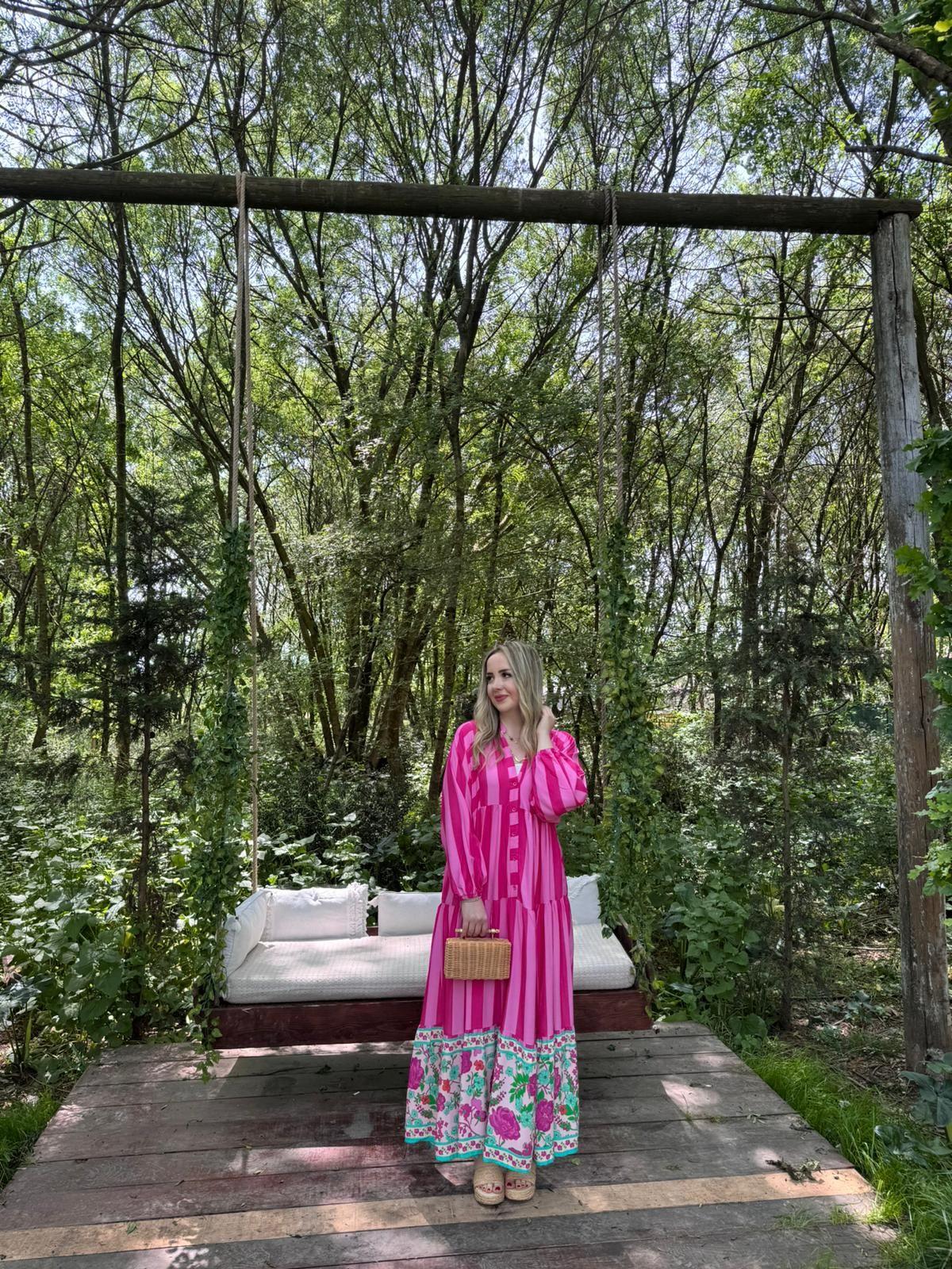 ÇİZGİLİ BALON KOL PERİ ELBİSE PEMBE