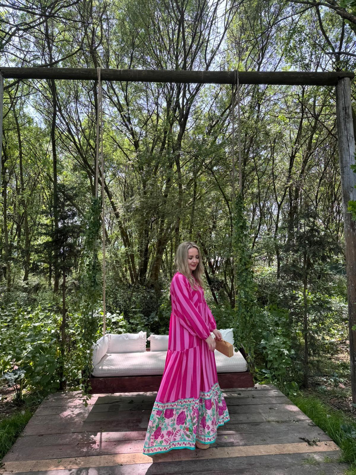 ÇİZGİLİ BALON KOL PERİ ELBİSE PEMBE