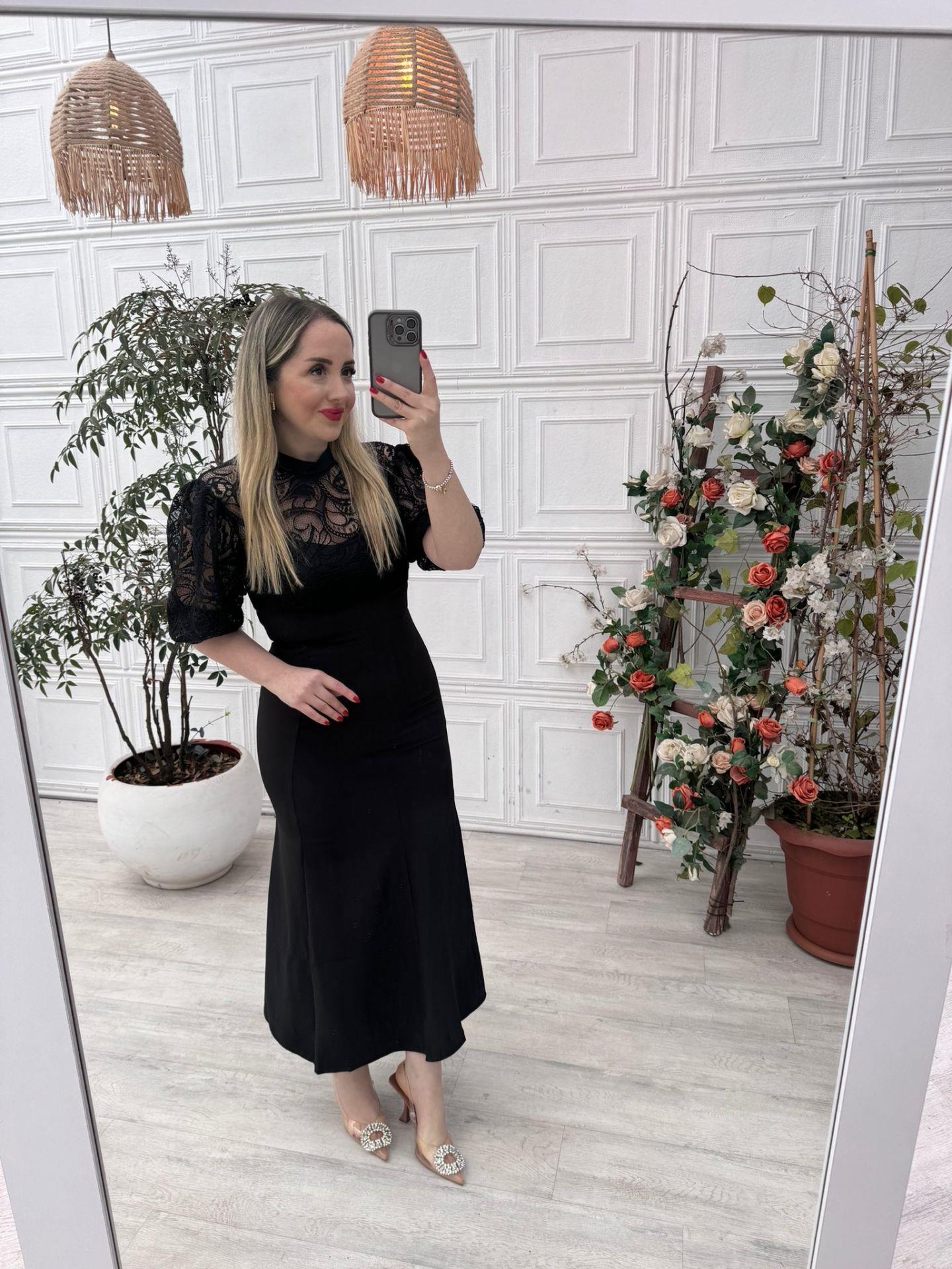 DANTEL GÜPÜR BALON KOL BALIK MODEL ELBİSE SİYAH