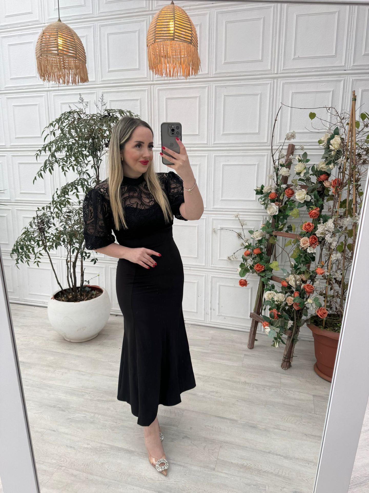 DANTEL GÜPÜR BALON KOL BALIK MODEL ELBİSE SİYAH