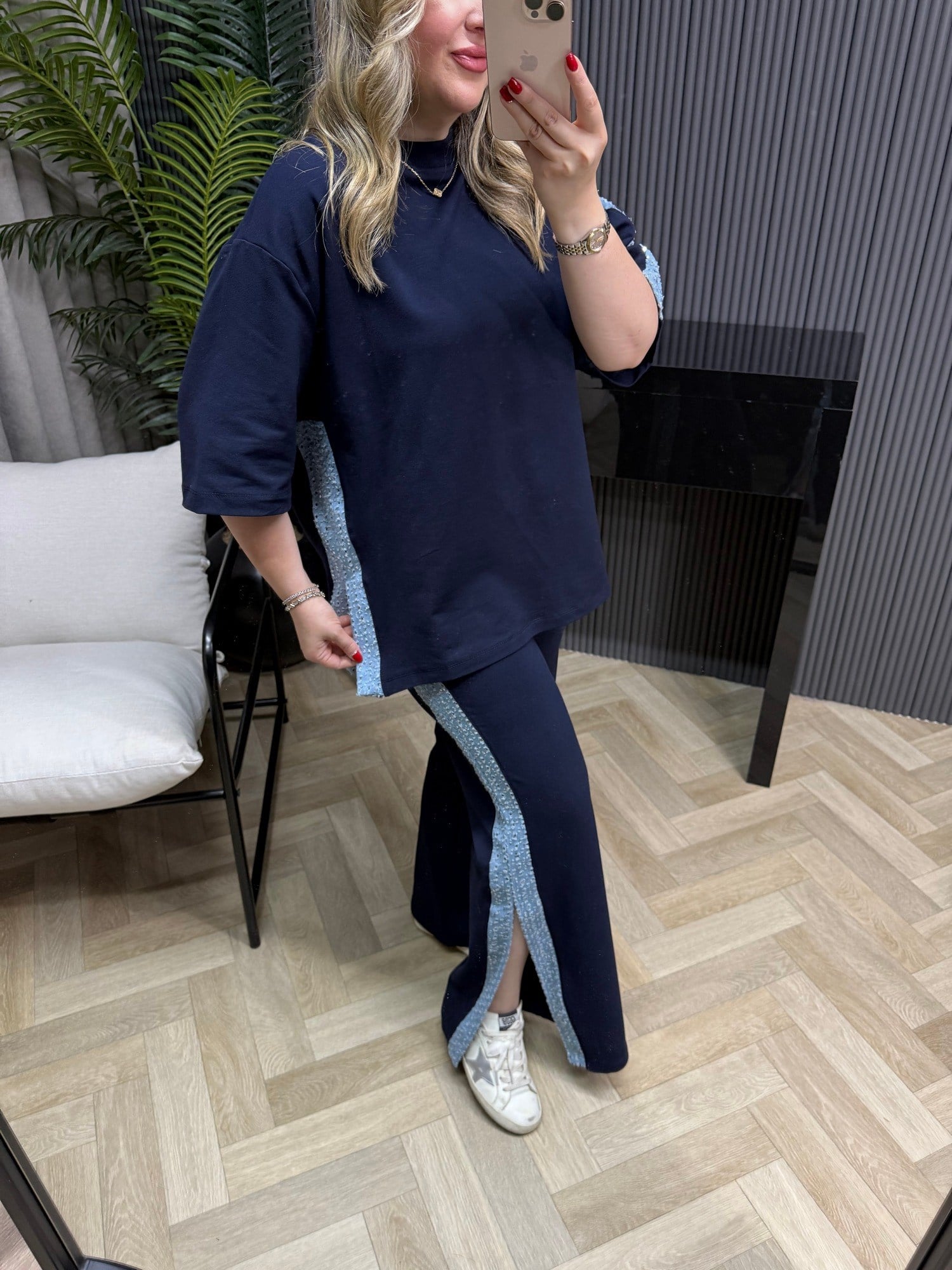 Denim Detaylı Tasarım Rahat Takım Lacivert