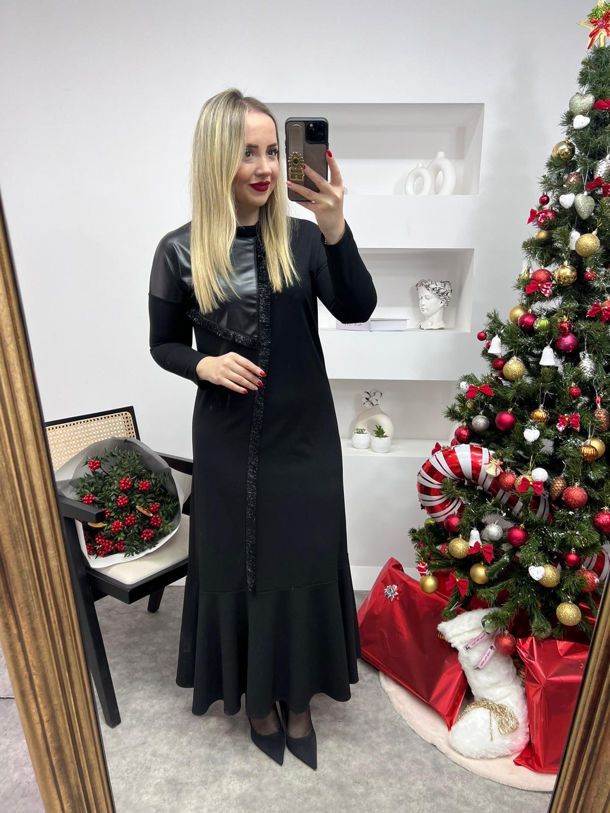 DERİ DETALI SİYAH UZUN ELBİSE