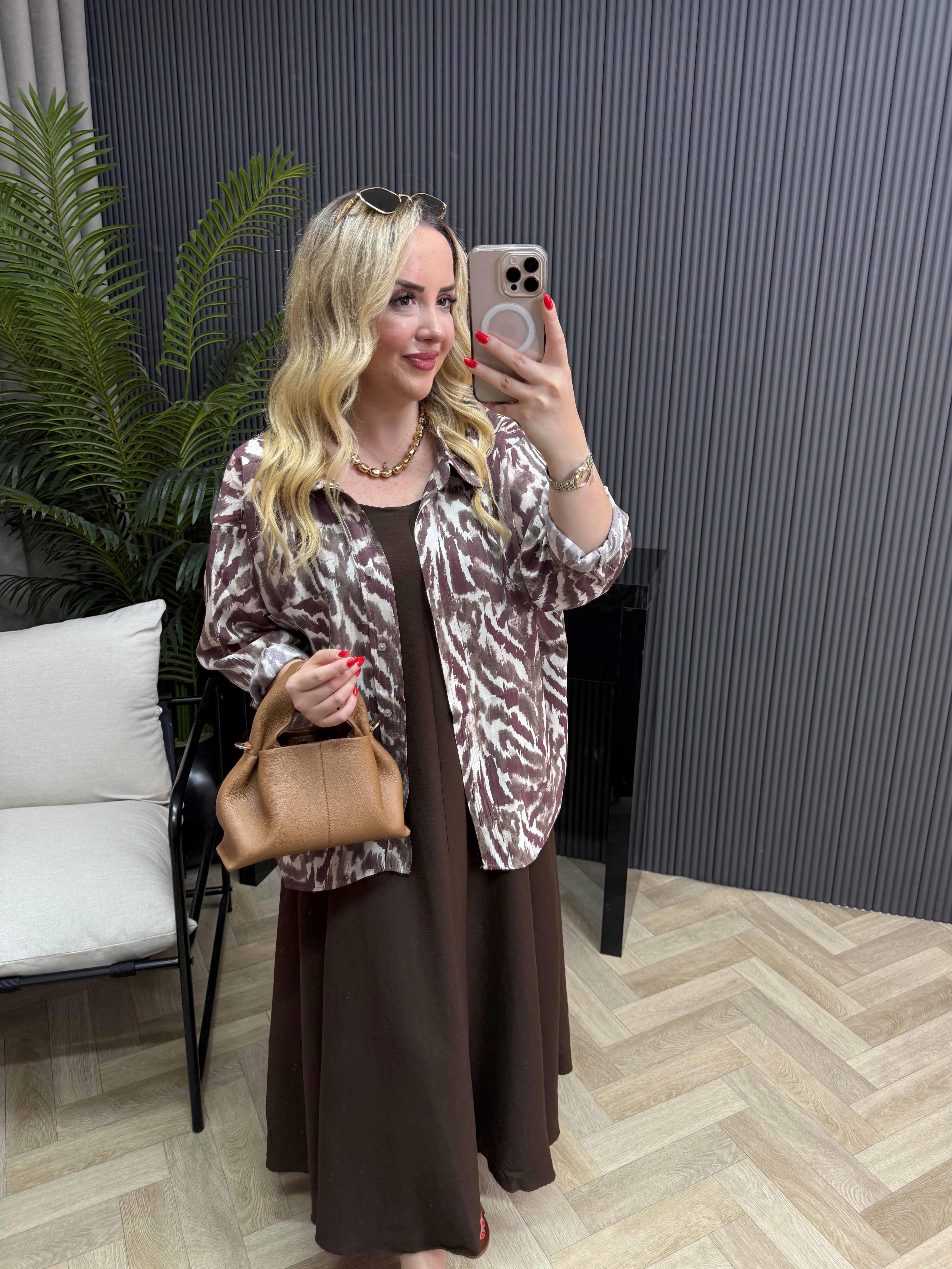 Desenli Tensel Gömlek Acı Kahve