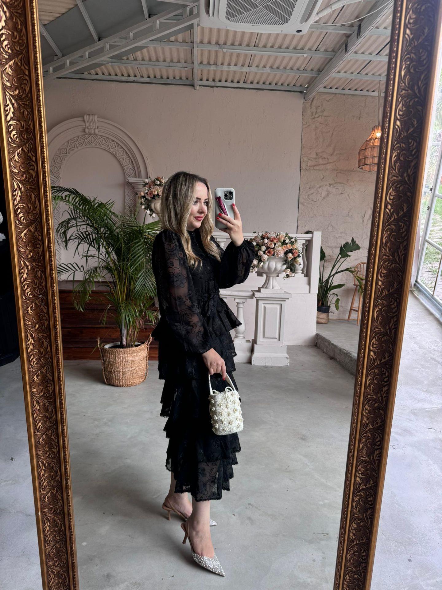 DİAMOND KAT KAT TASARIM ŞİFON ELBİSE SİYAH