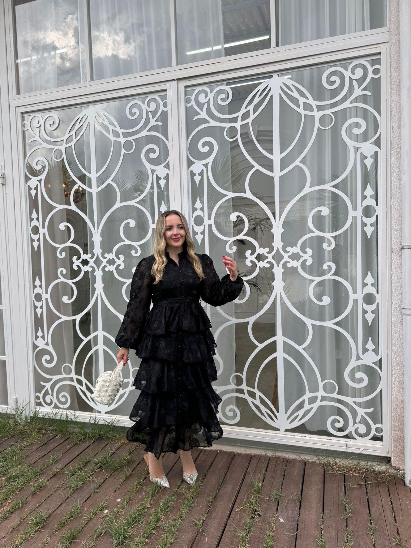 DİAMOND KAT KAT TASARIM ŞİFON ELBİSE SİYAH