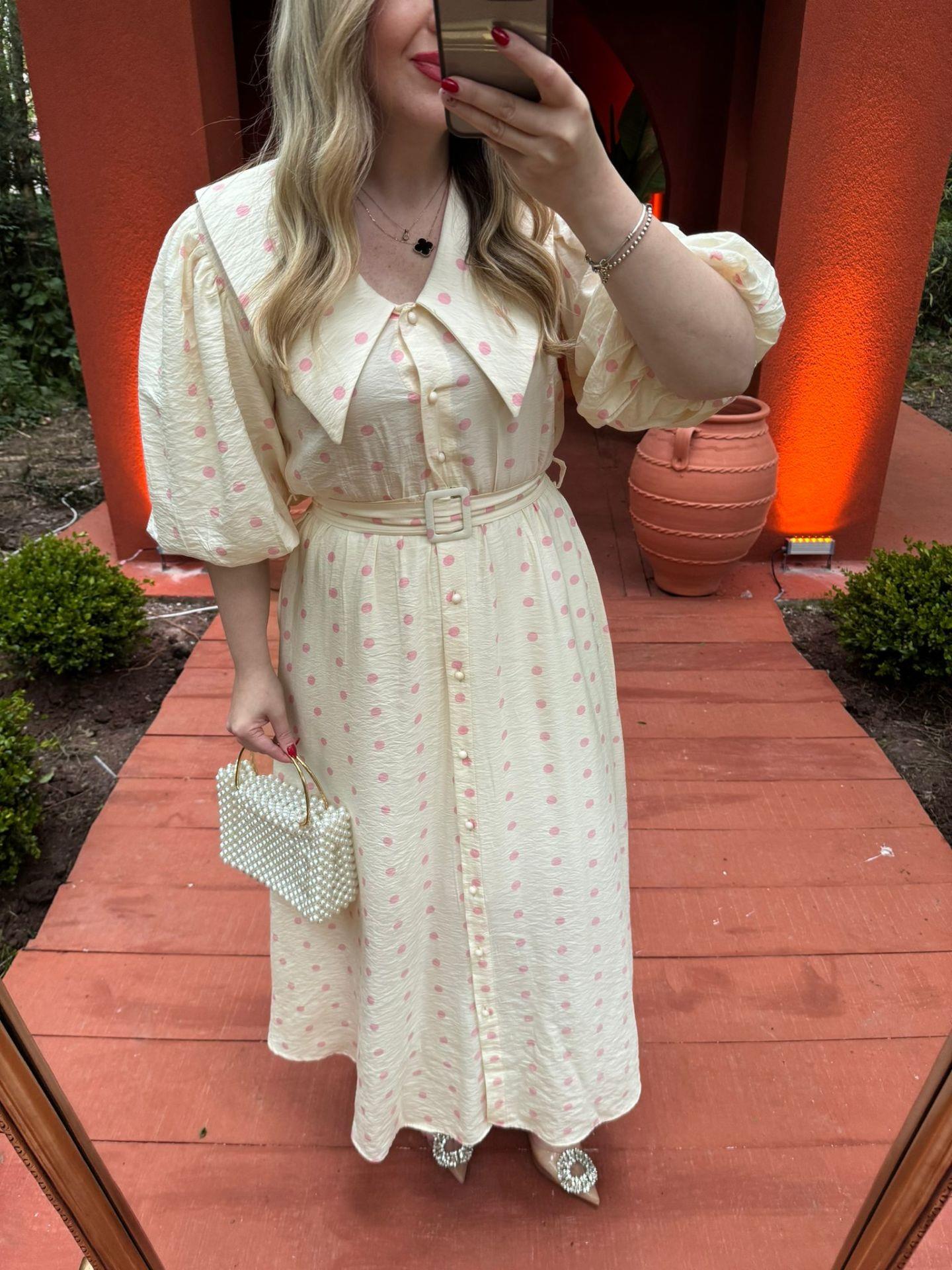 DİANA BALON KOL BEBE YAKA PEMBE PUANTİYELİ ELBİSE