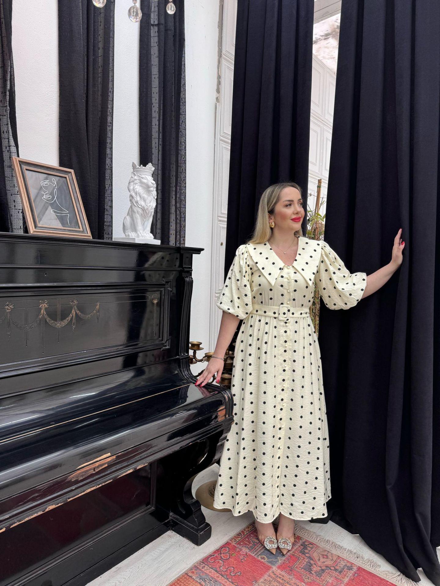 DİANA BALON KOL BEBE YAKA SİYAH PUANTİYELİ ELBİSE