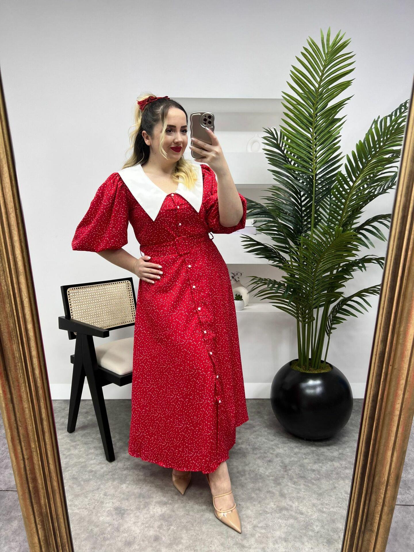 DİANA BALON KOL PUANTİYE TASARIM ELBİSE KİRMİZİ