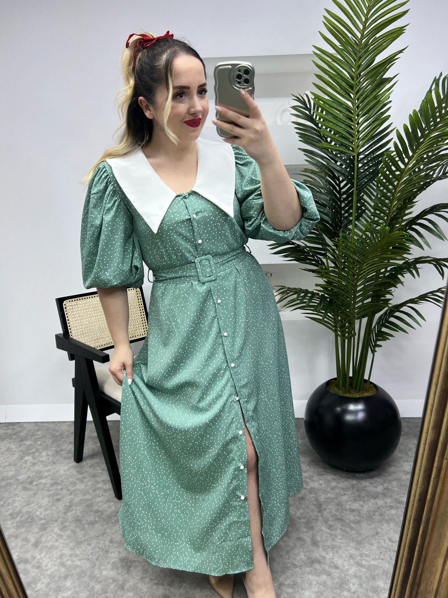 DİANA BALON KOL PUANTİYE TASARIM ELBİSE MİNT YEŞİL