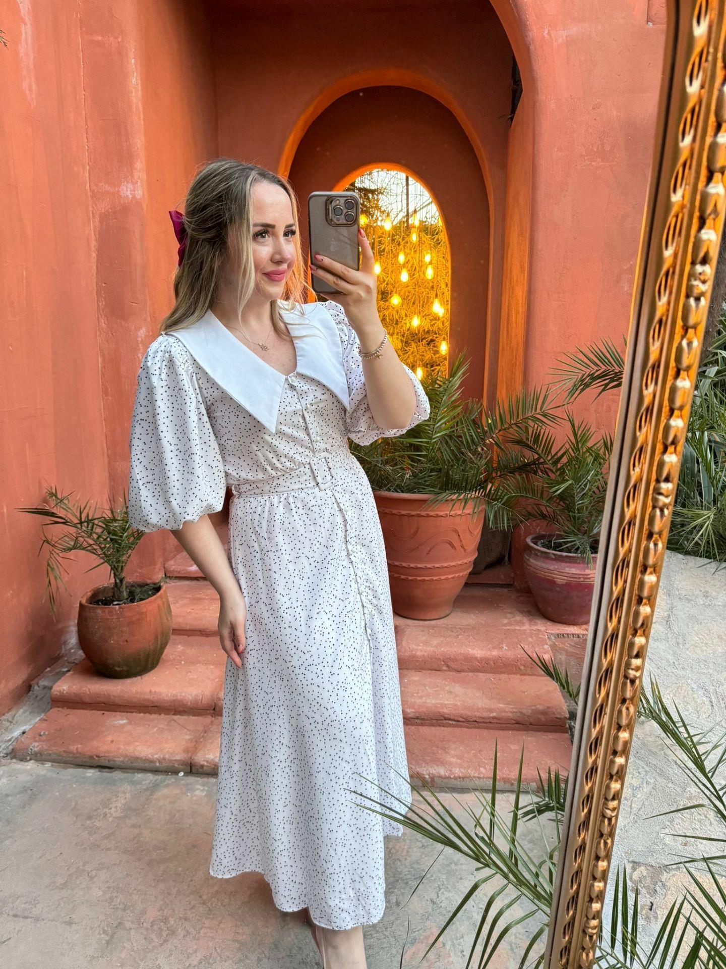 DİANA BALON KOL PUANTİYE TASARIM ELBİSE BEYAZ