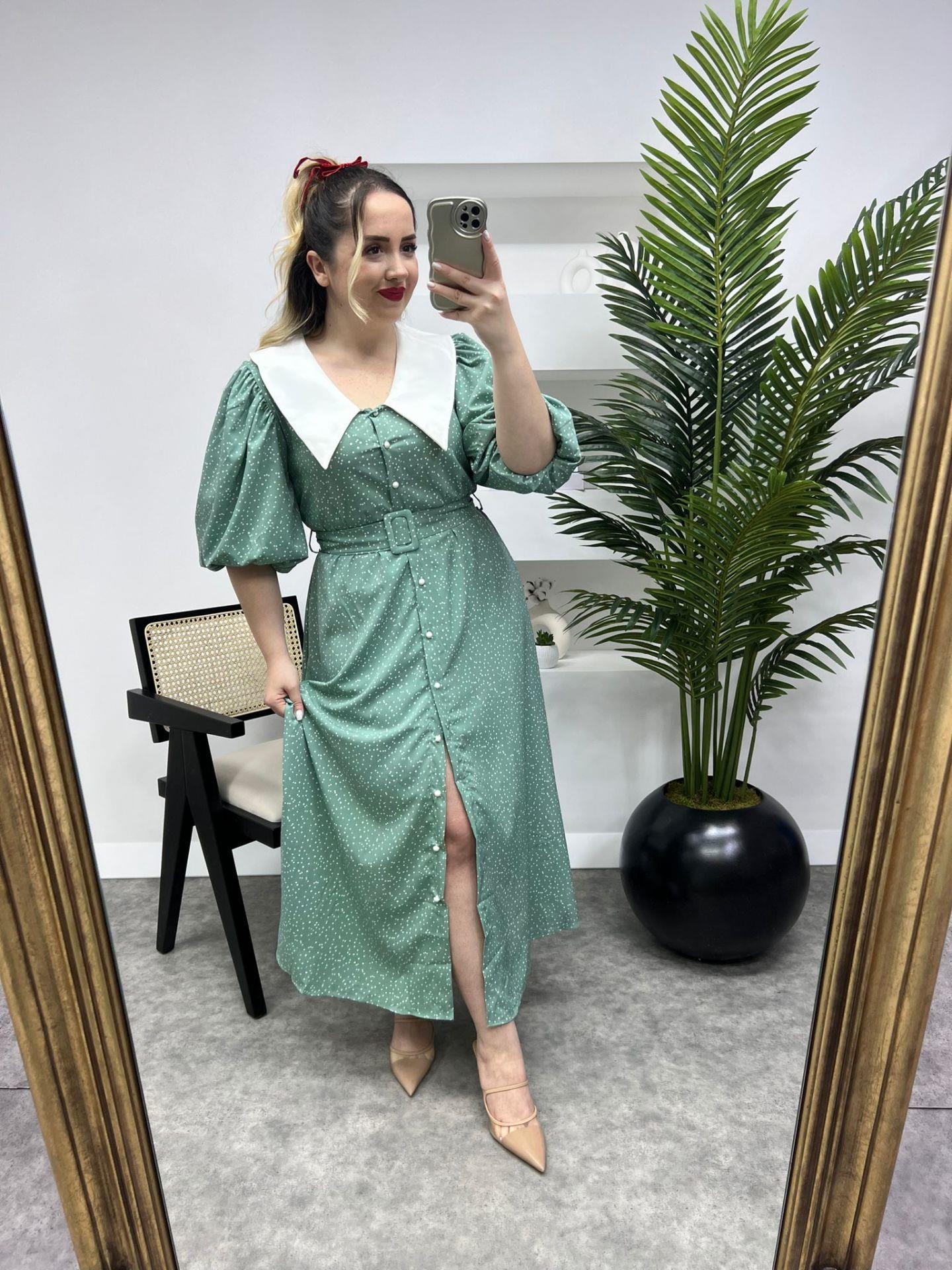 DİANA BALON KOL PUANTİYE TASARIM ELBİSE MİNT YEŞİL