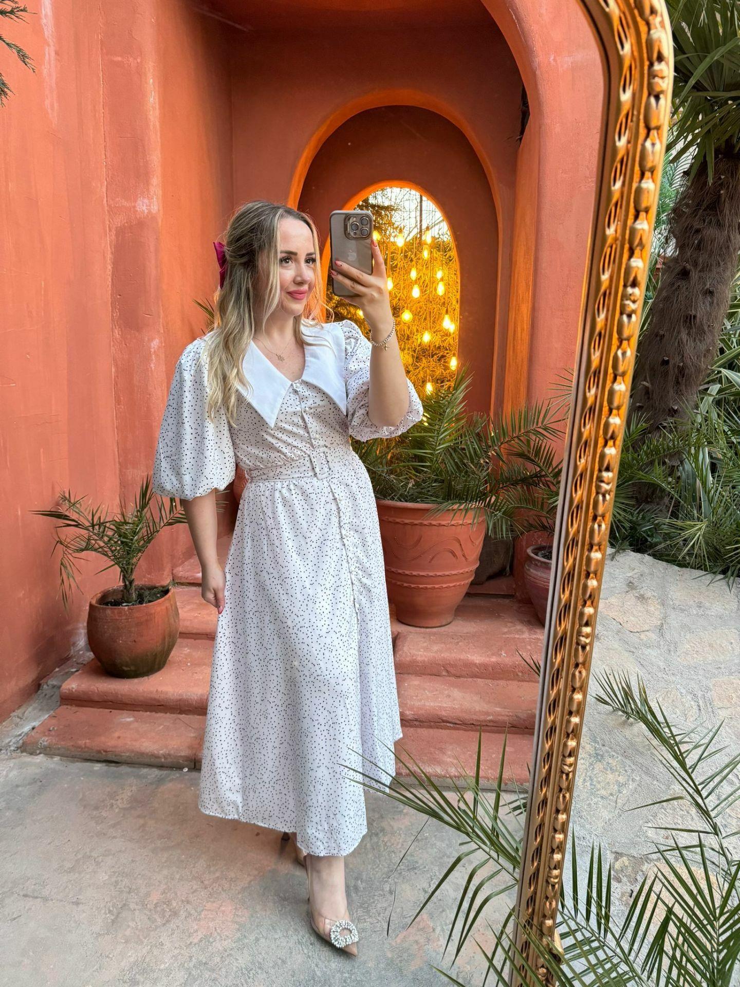 DİANA BALON KOL PUANTİYE TASARIM ELBİSE BEYAZ