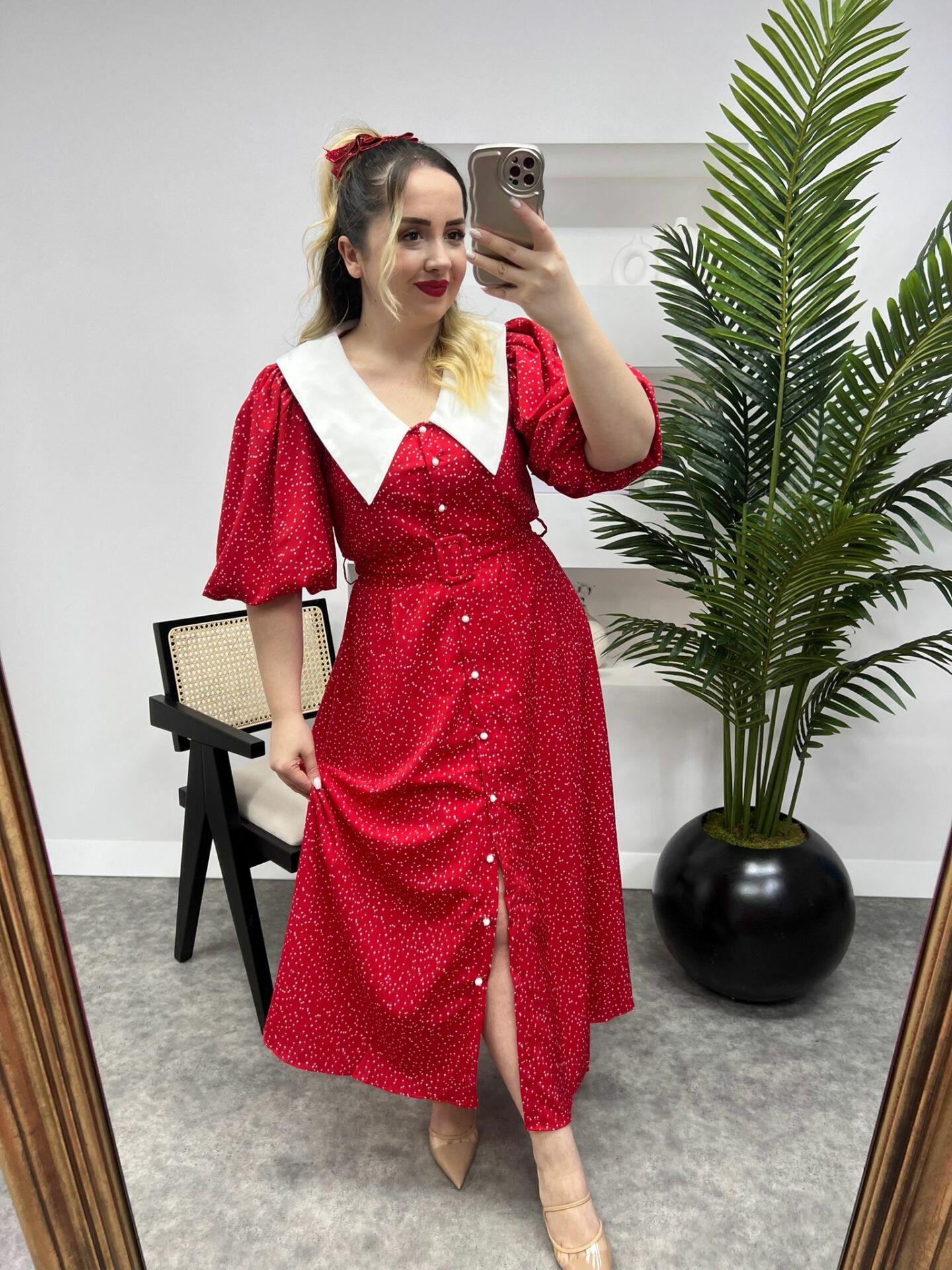 DİANA BALON KOL PUANTİYE TASARIM ELBİSE KİRMİZİ