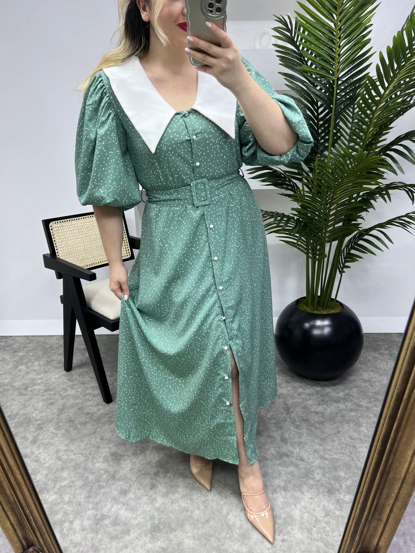 DİANA BALON KOL PUANTİYE TASARIM ELBİSE MİNT YEŞİL