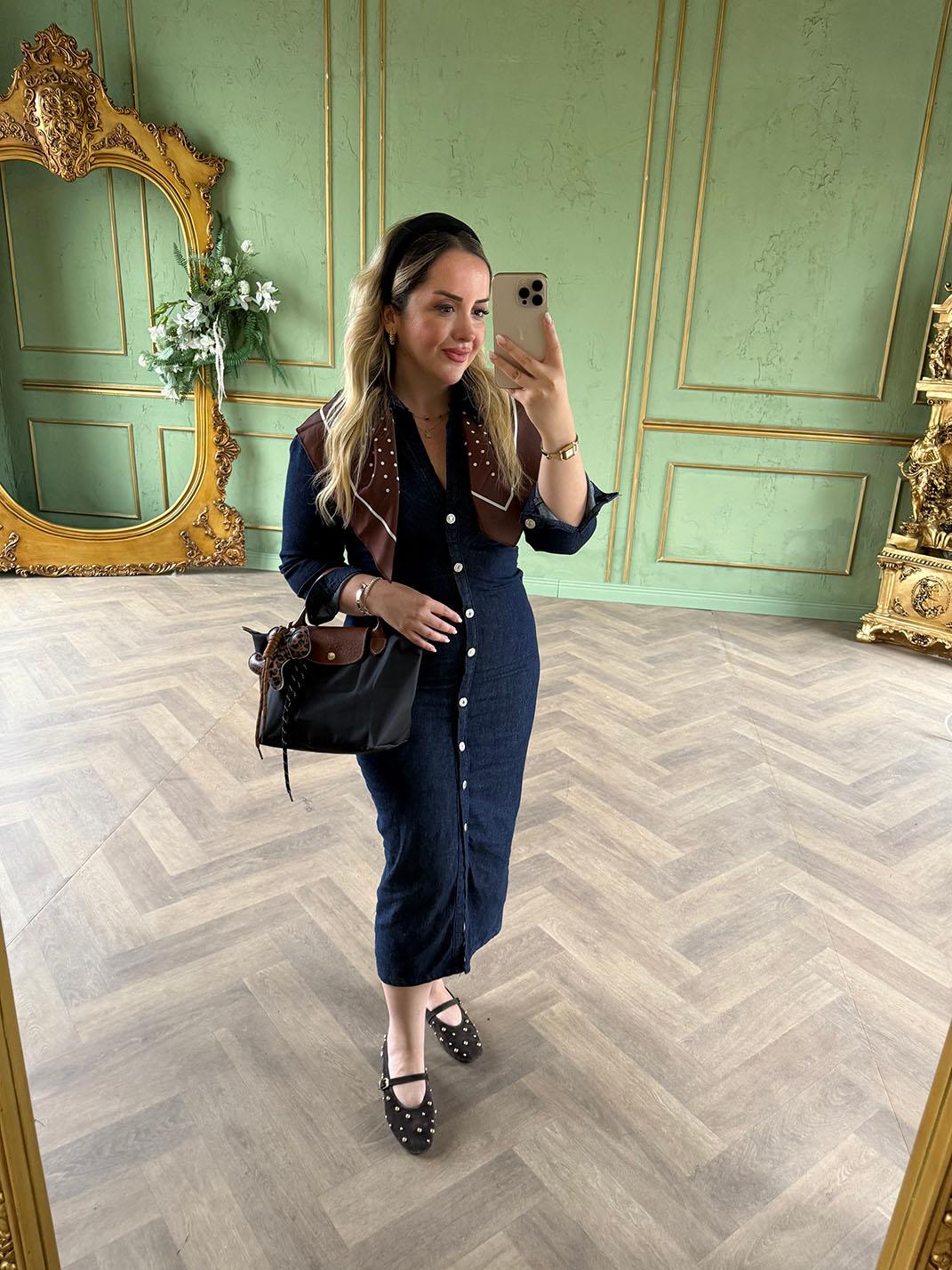 Drapeli Denim Elbise