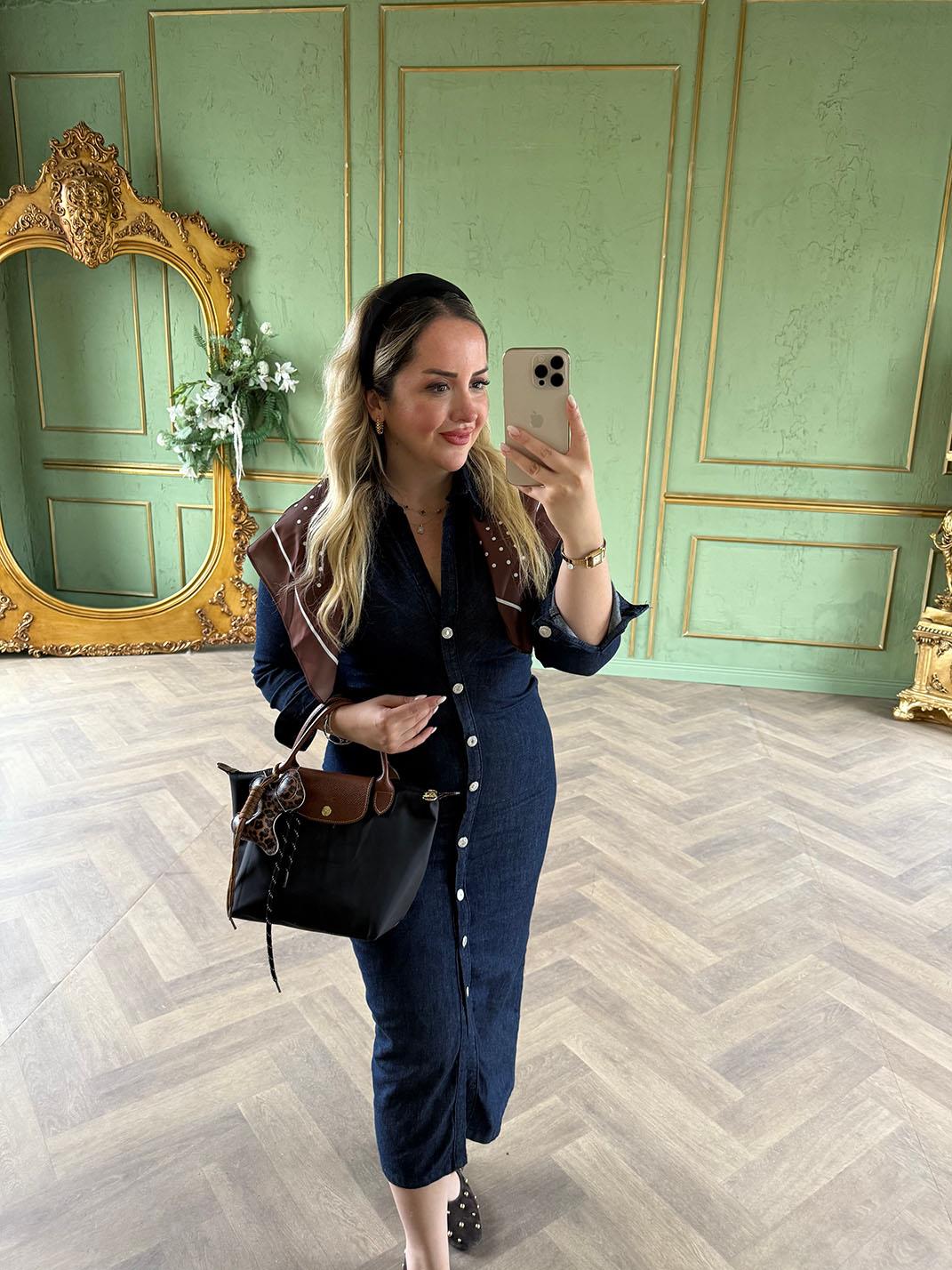 Drapeli Denim Elbise