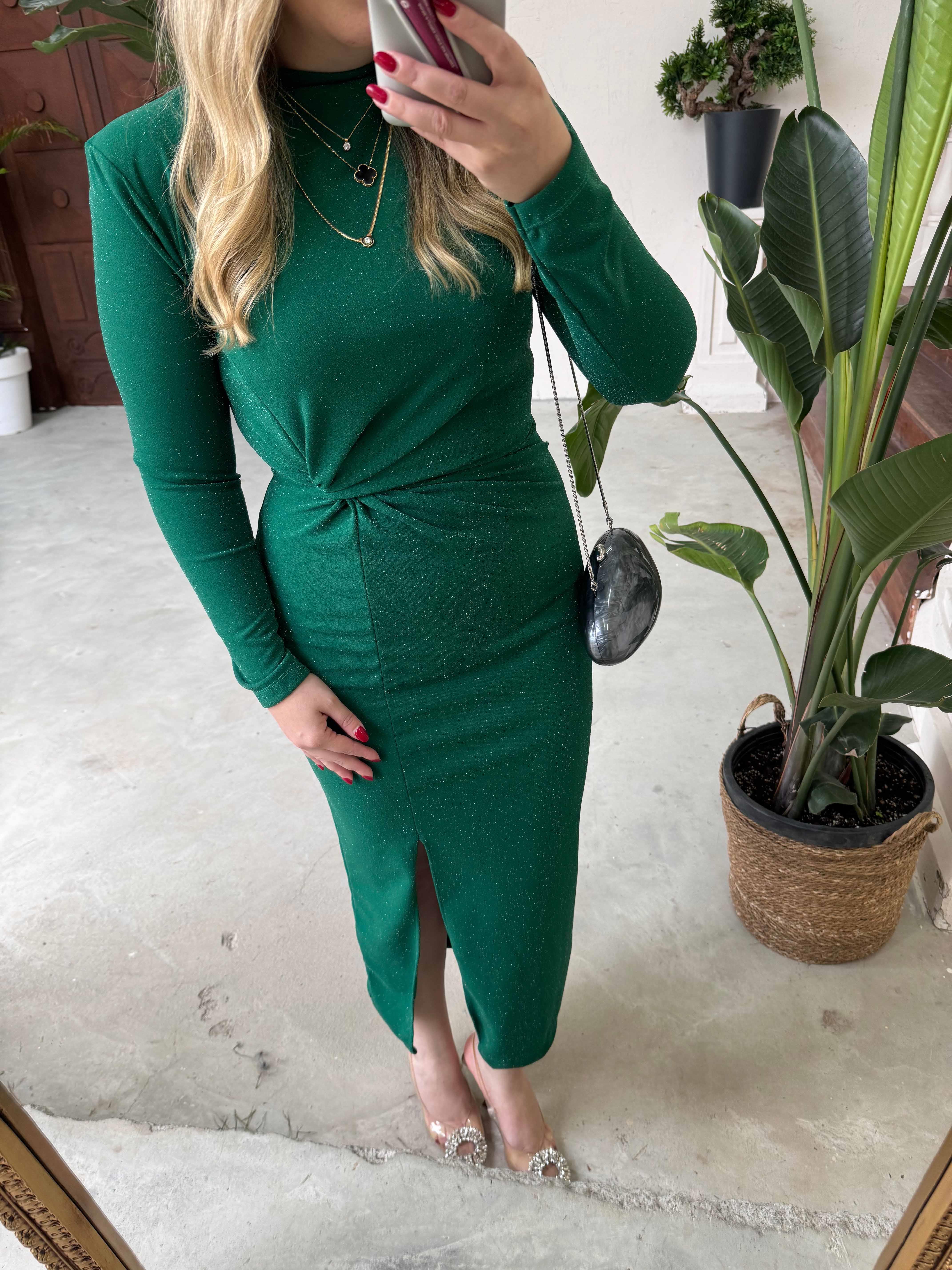 ELSA SİMLİ DÜĞÜM DETAYLI ELBİSE YEŞİL