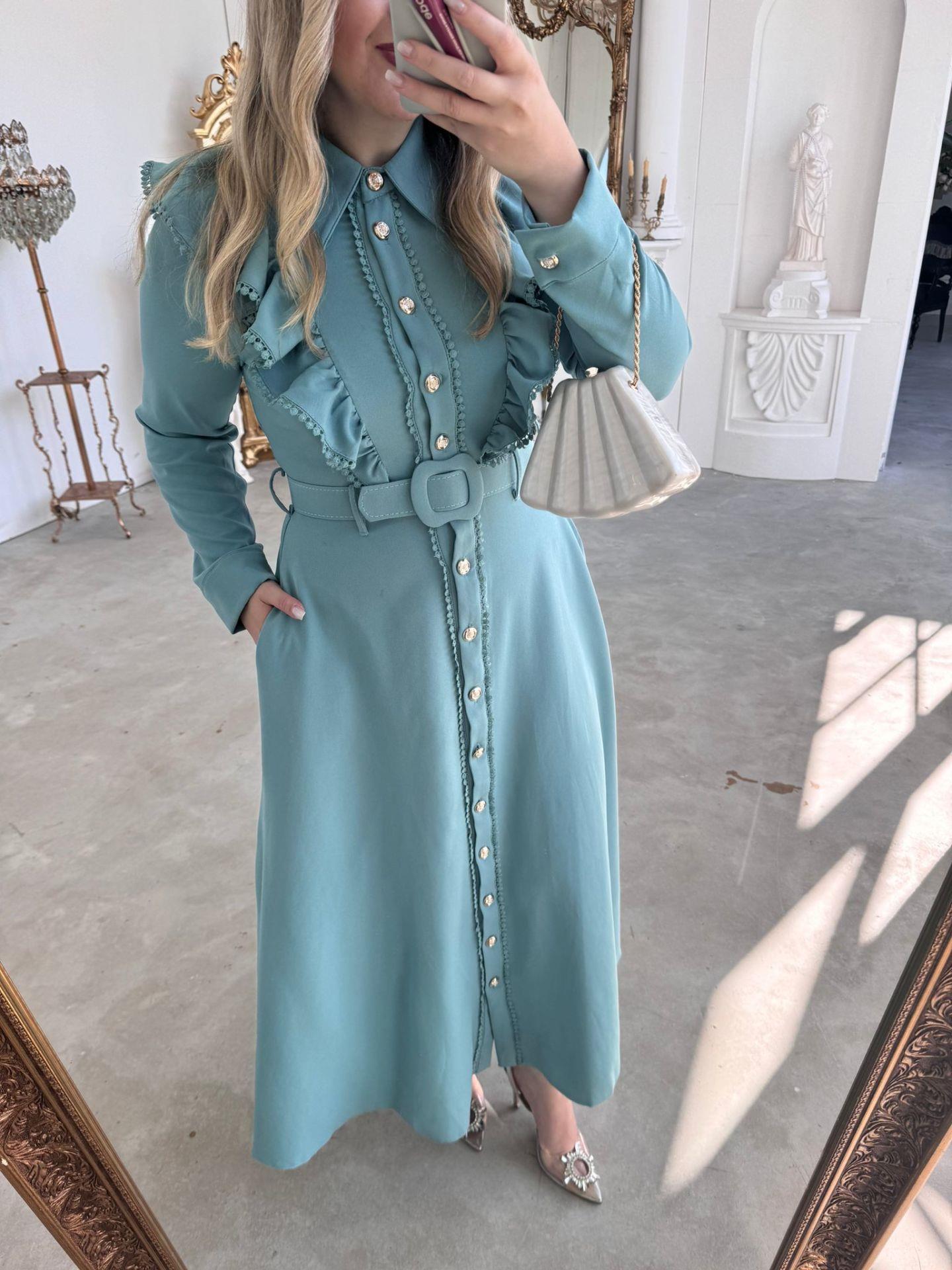 FİRFİR DANTEL DETAYLI KEMERLİ ELBİSE MİNT YEŞİL