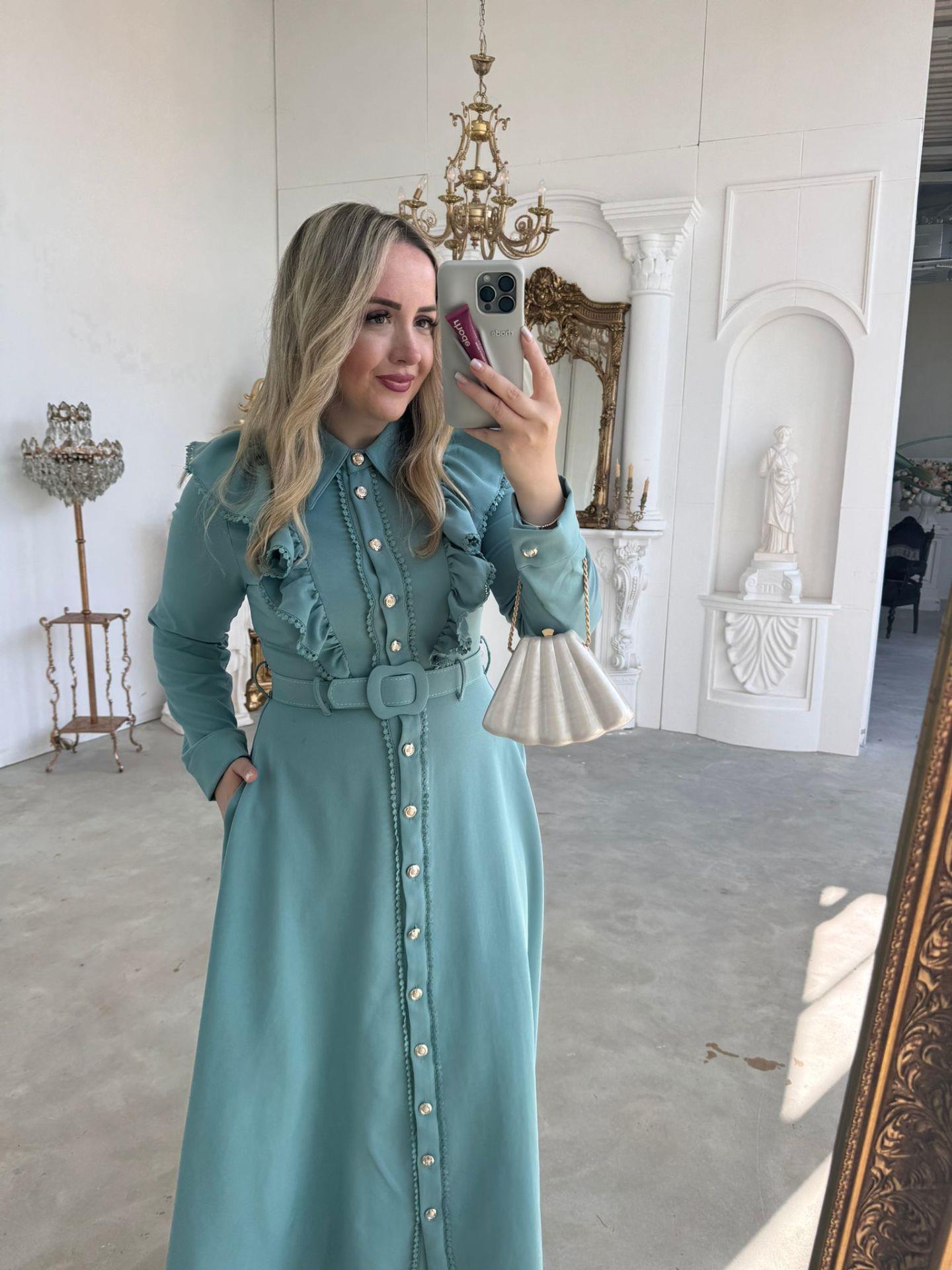 FİRFİR DANTEL DETAYLI KEMERLİ ELBİSE MİNT YEŞİL