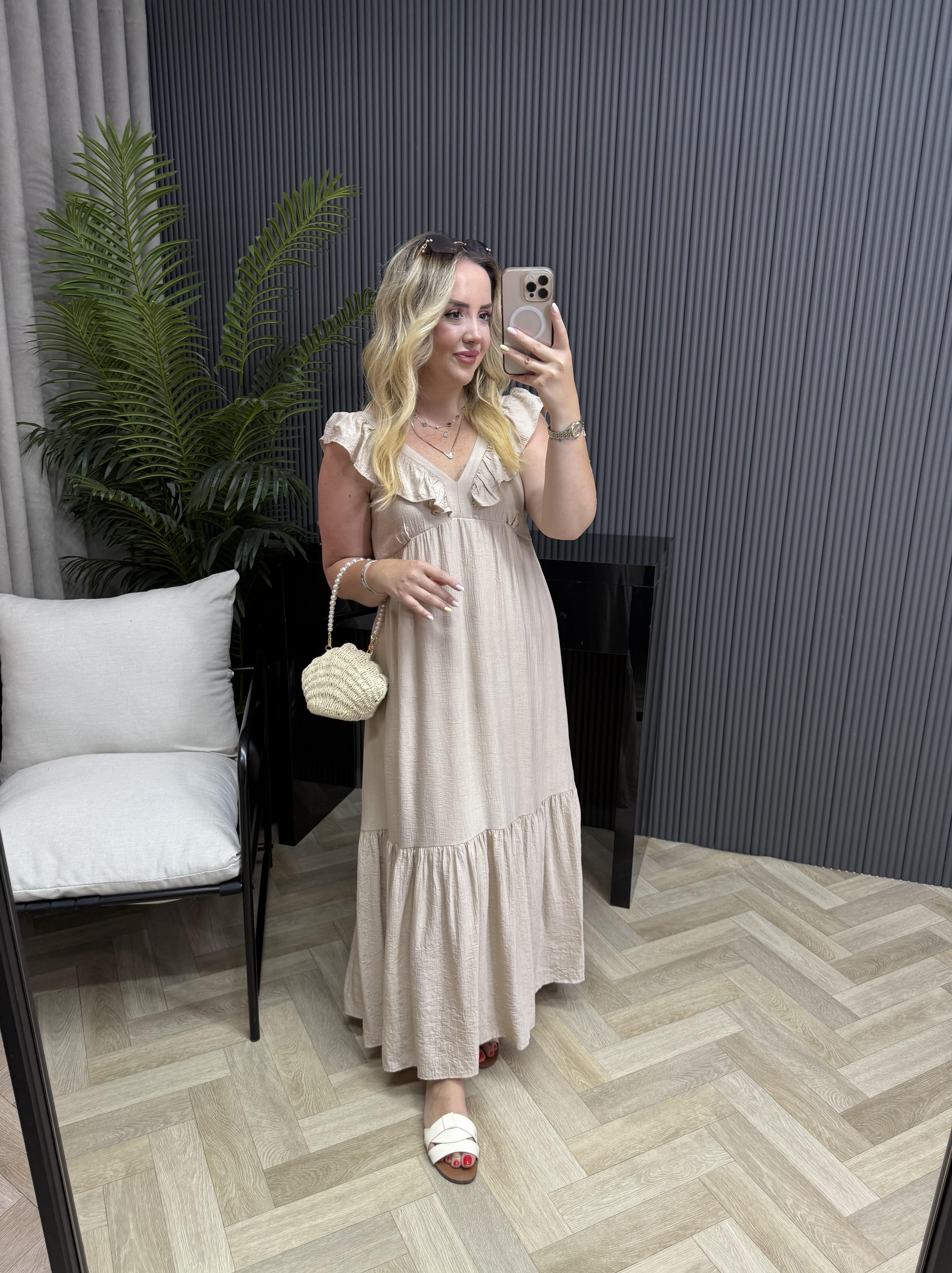 Fırfır Yaka Detaylı Tensel Elbise Bej