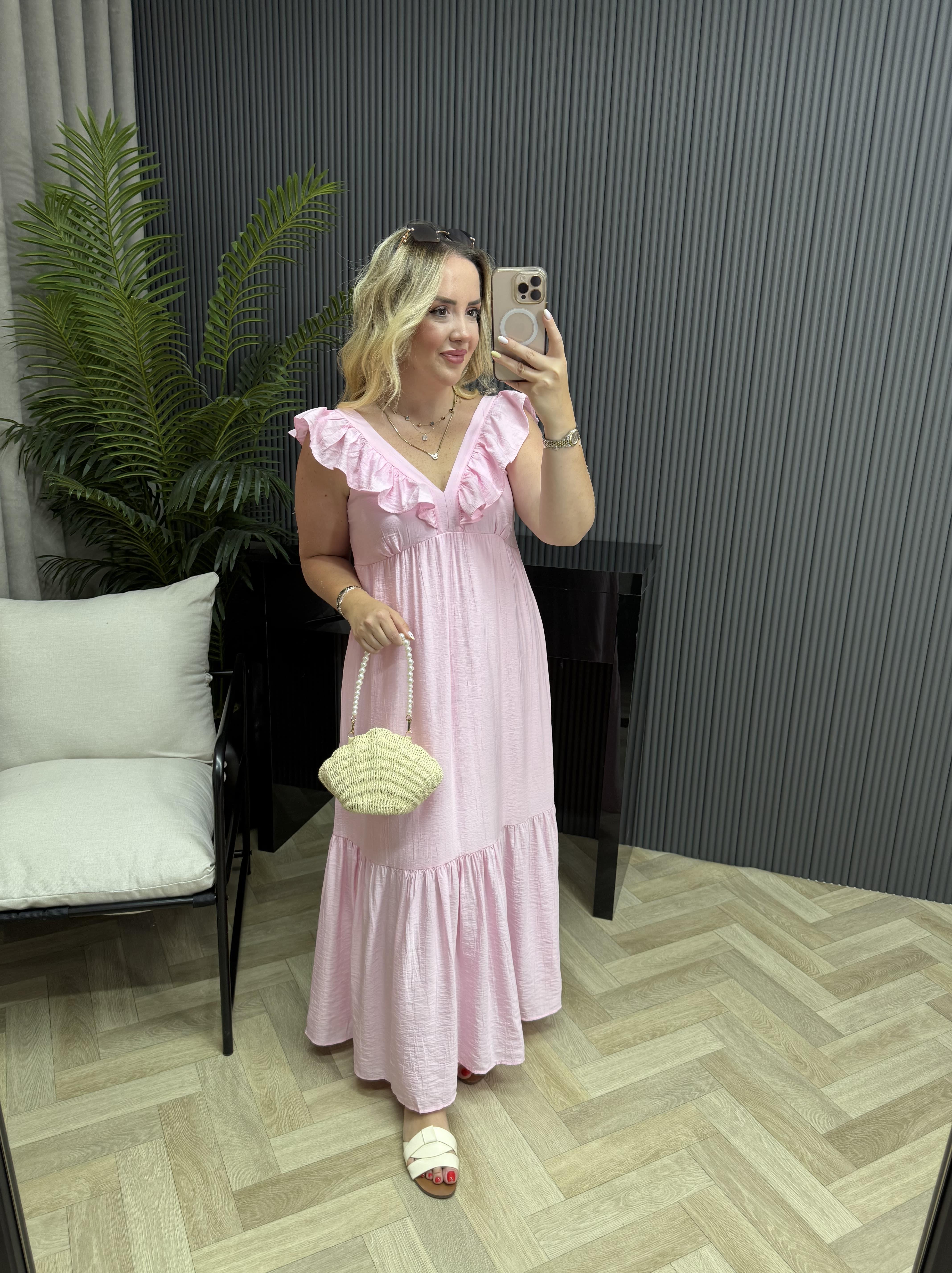 Fırfır Yaka Detaylı Tensel Elbise Pembe