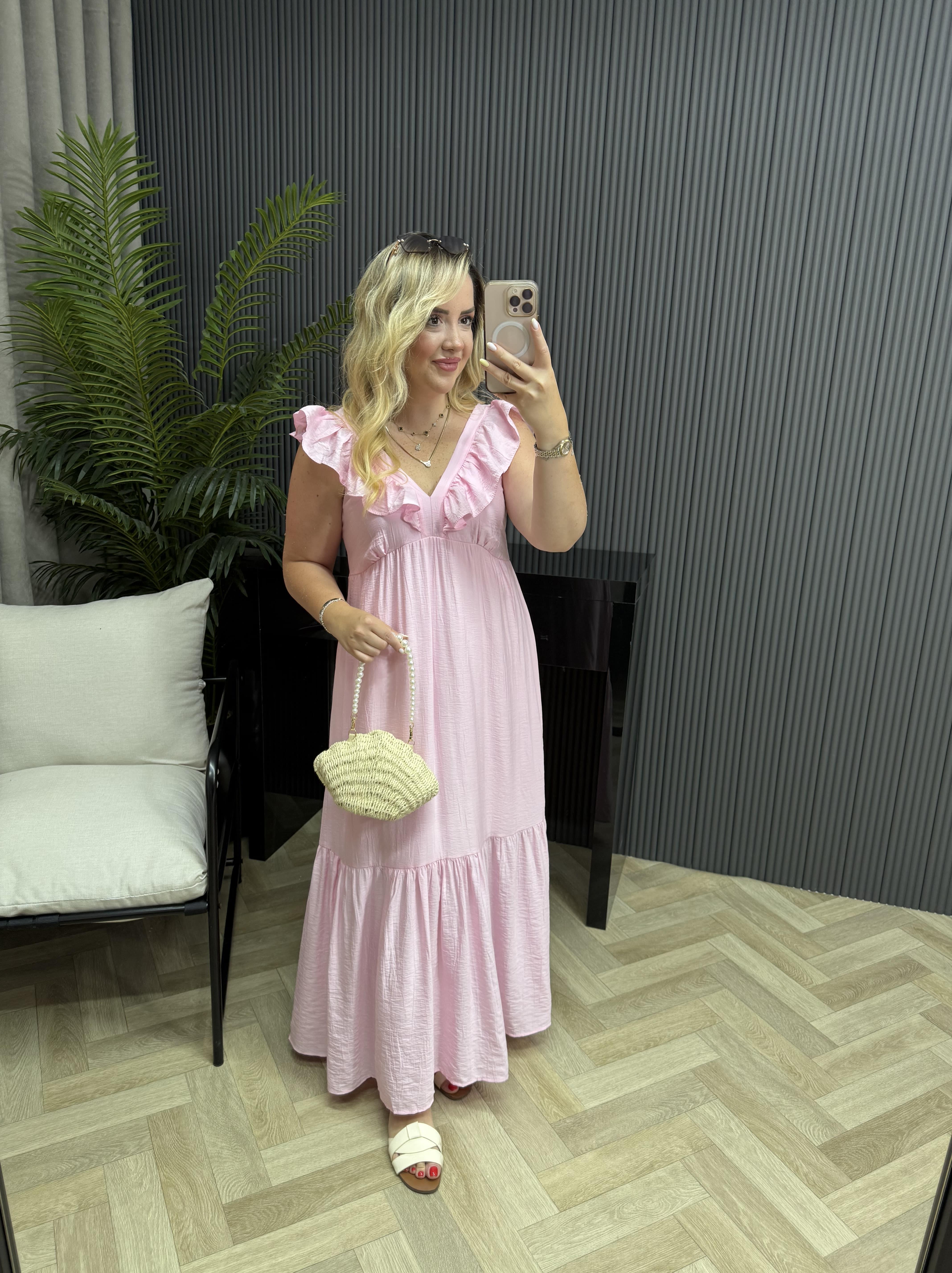 Fırfır Yaka Detaylı Tensel Elbise Pembe