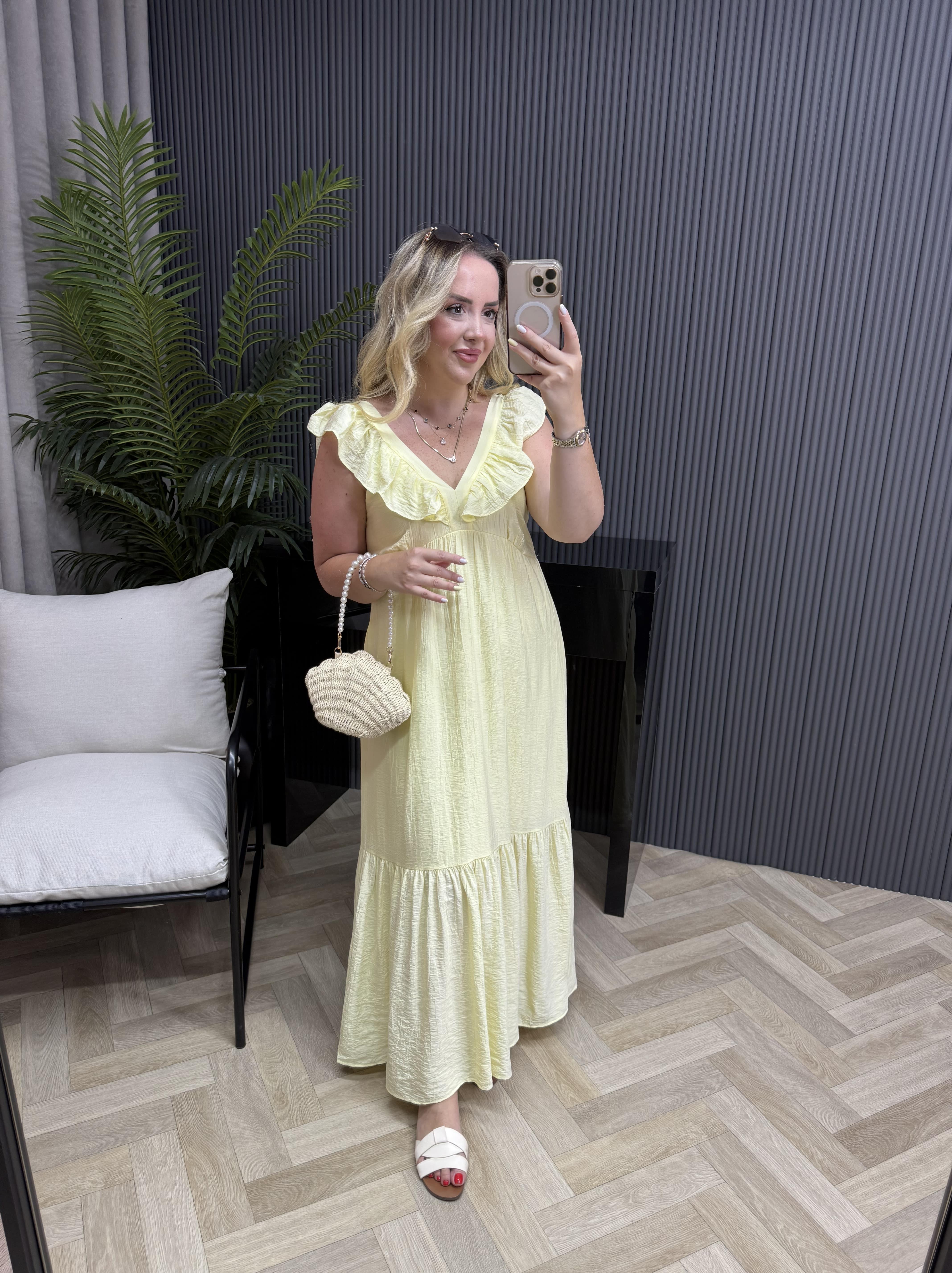 Fırfır Yaka Detaylı Tensel Elbise Sarı