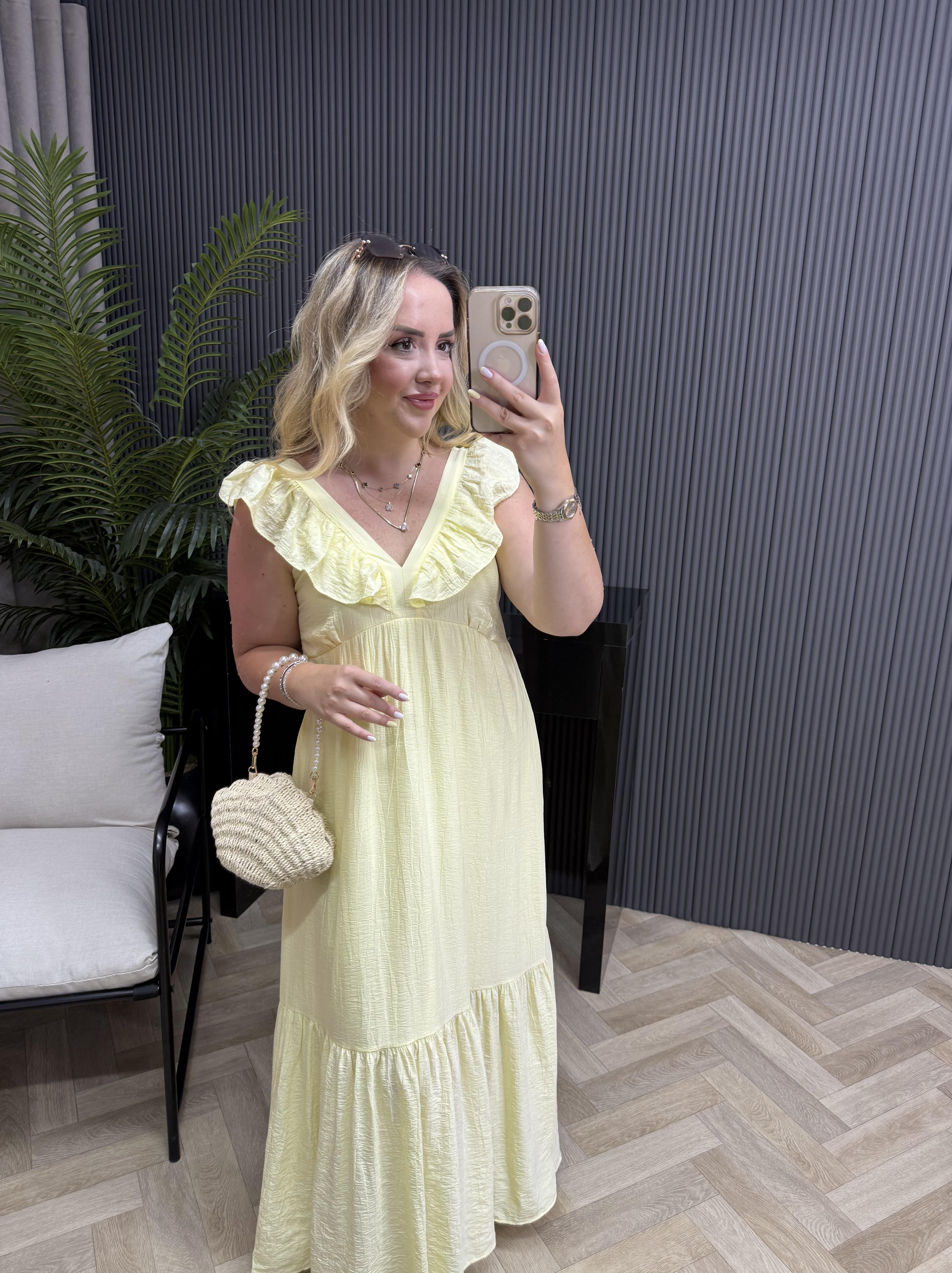 Fırfır Yaka Detaylı Tensel Elbise Sarı