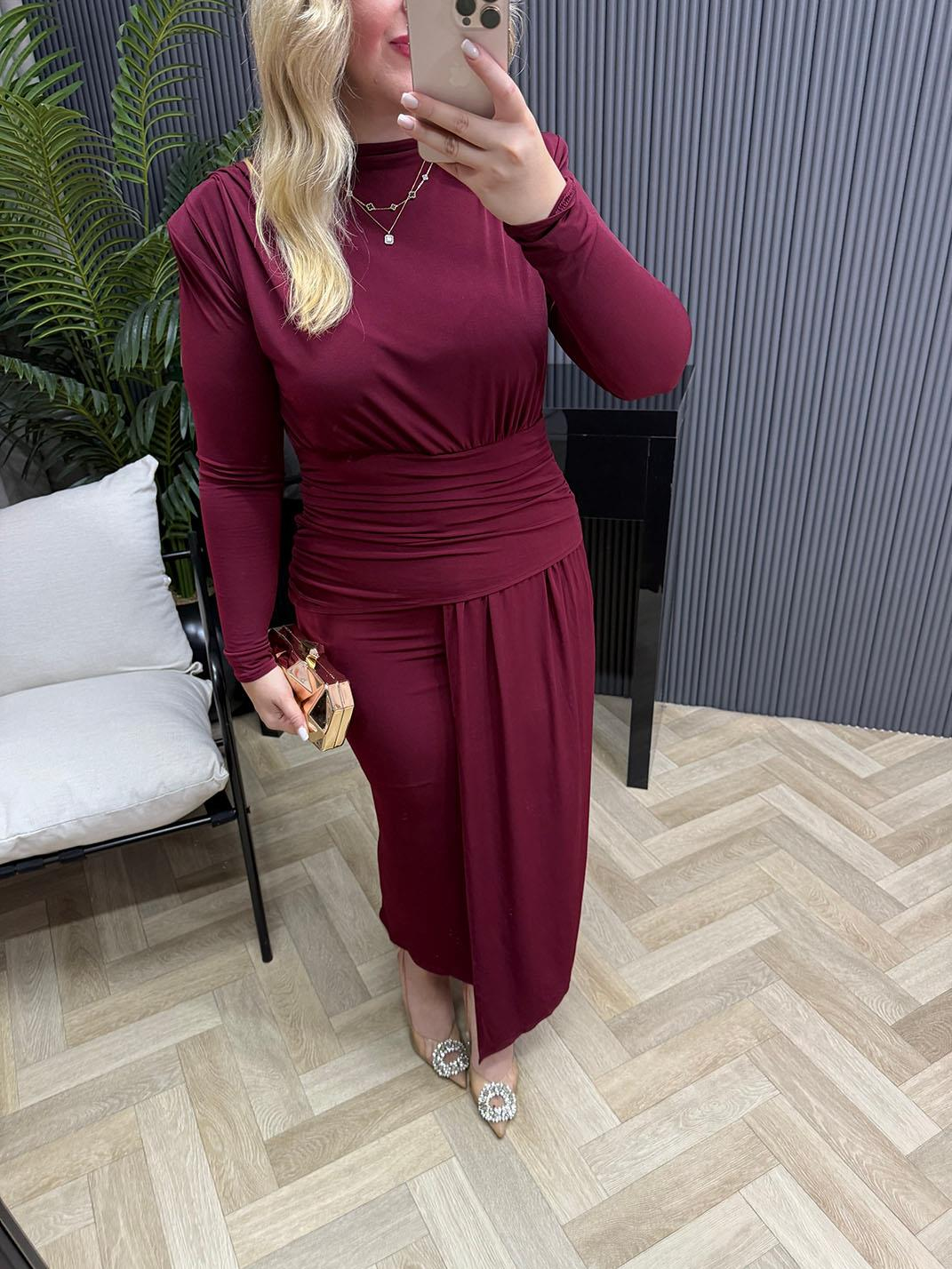 Gallen Özel Tasarım Vatkalı Elbise Bordo