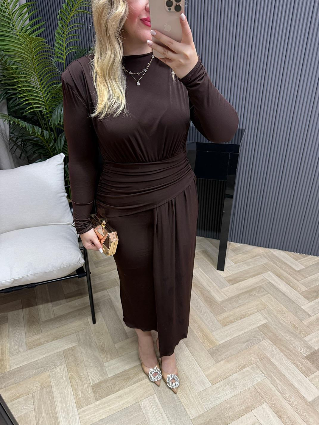 Gallen Özel Tasarım Vatkalı Elbise Kahve