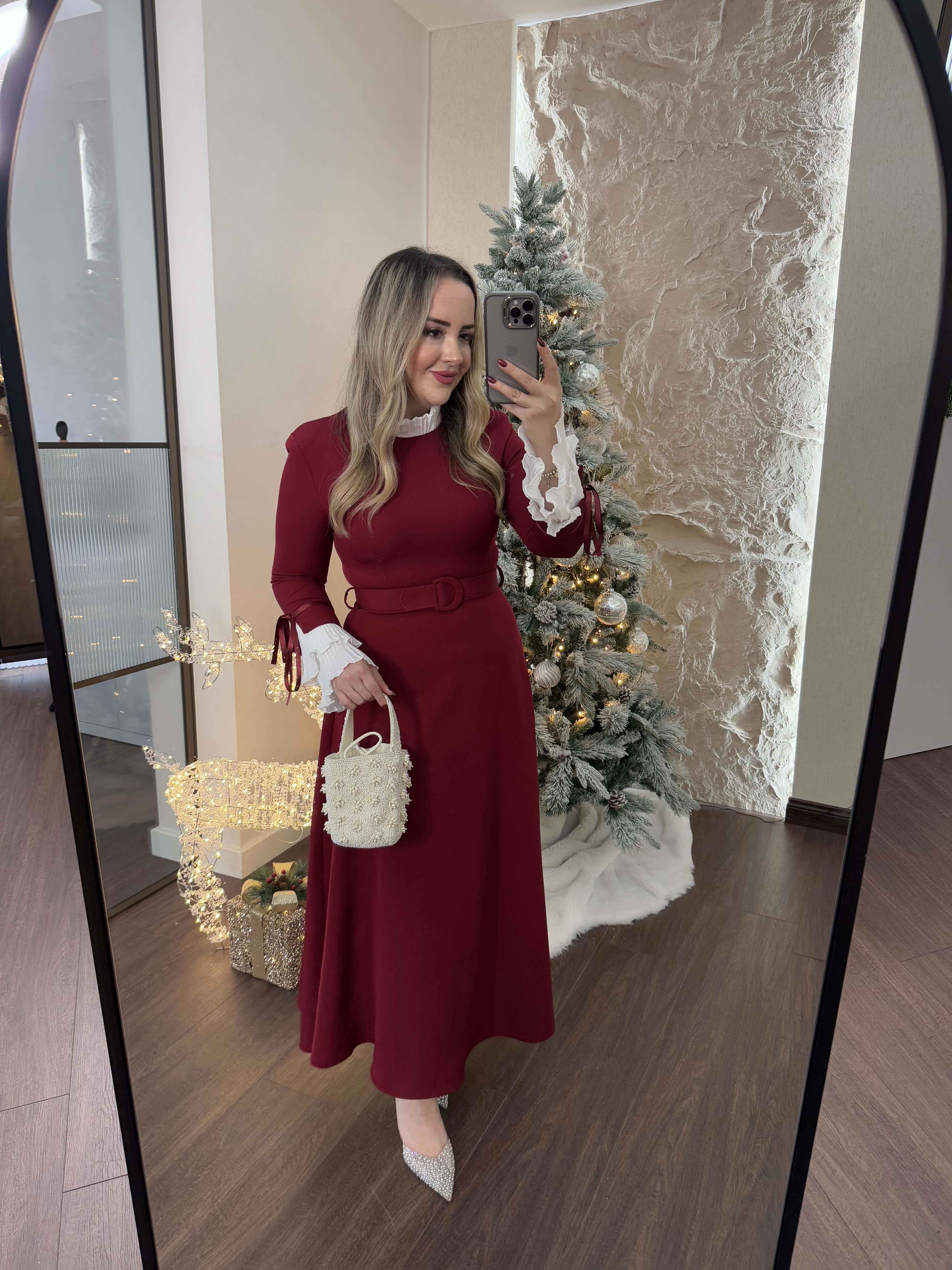 Grace Kolları Ve Yakası Pilise Elbise Bordo