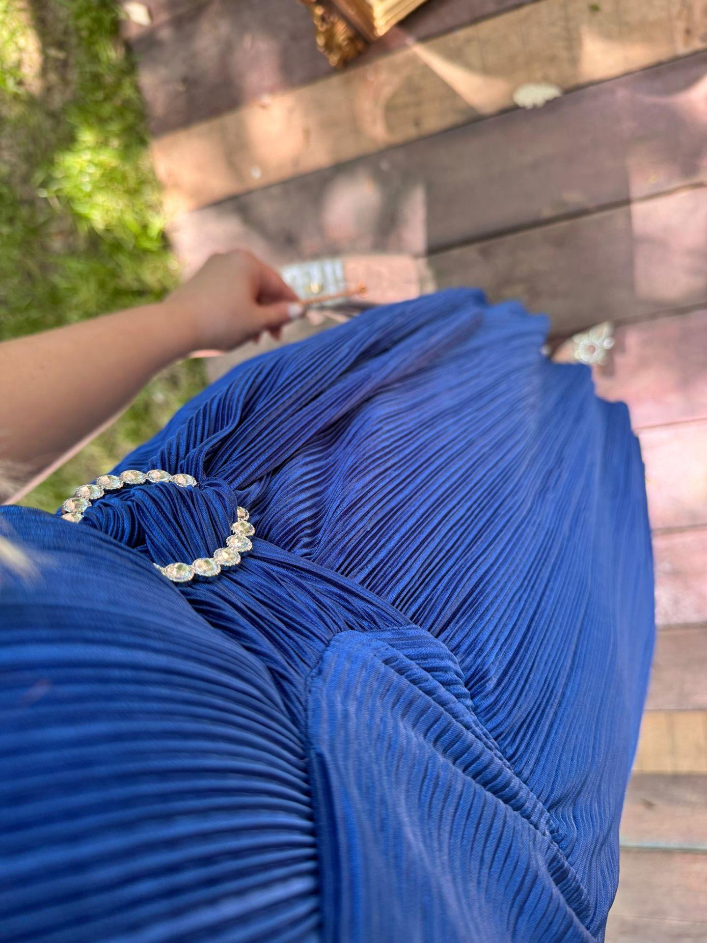 GÜMÜŞ TOKALI VATKALI PİLİSE SAKS MAVİ ELBİSE