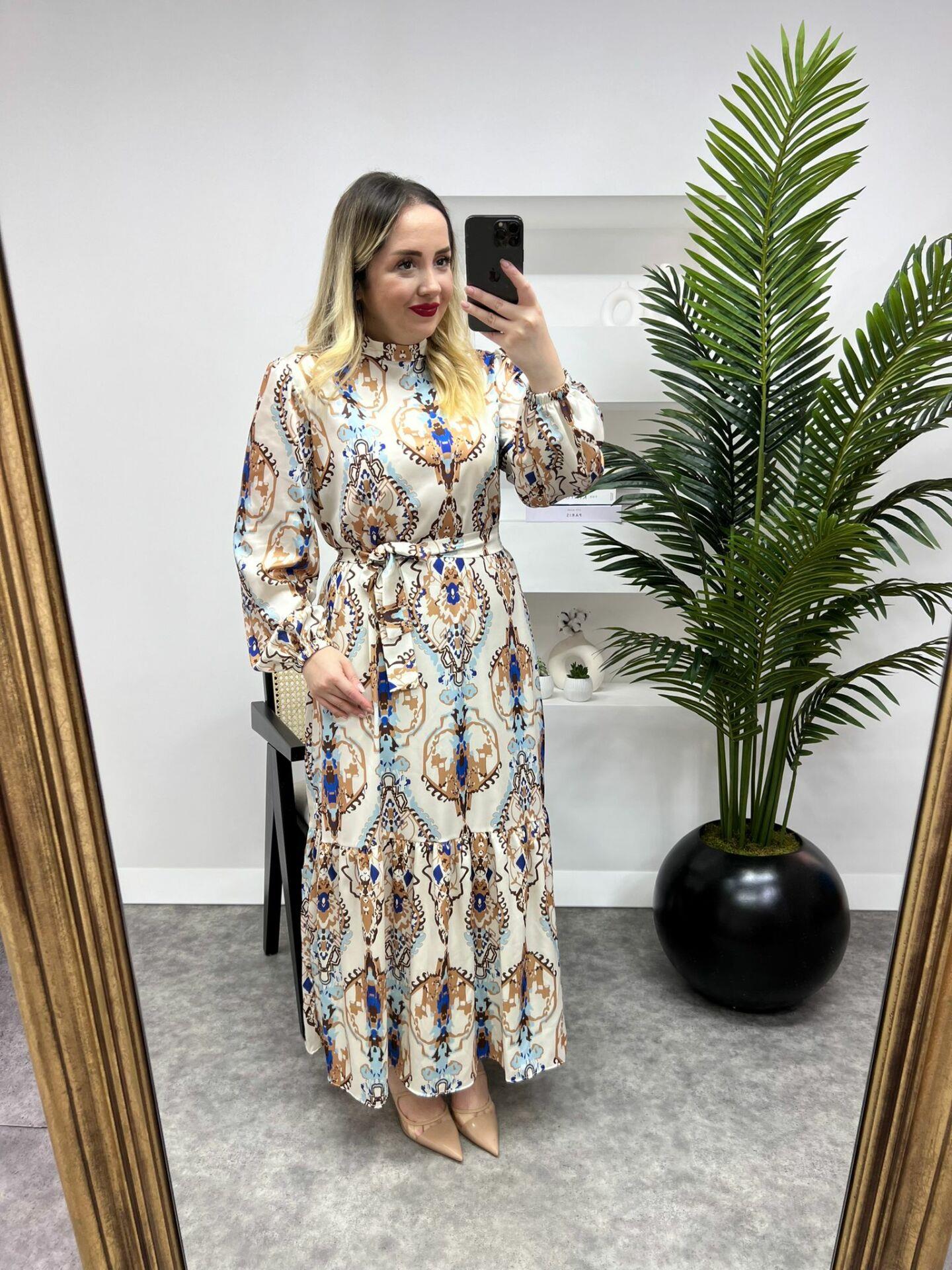 HELEN MODEL İPEK SATEN KAHVERENGİ DESENLİ