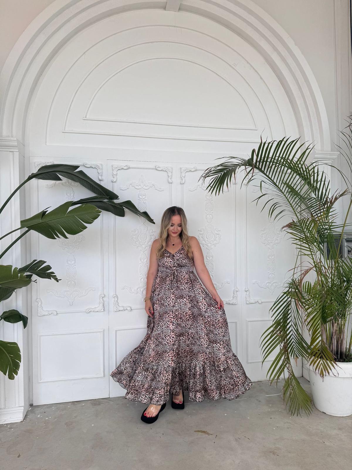 İPEK SATEN ASKILI TASARIM ELBİSE LEOPAR