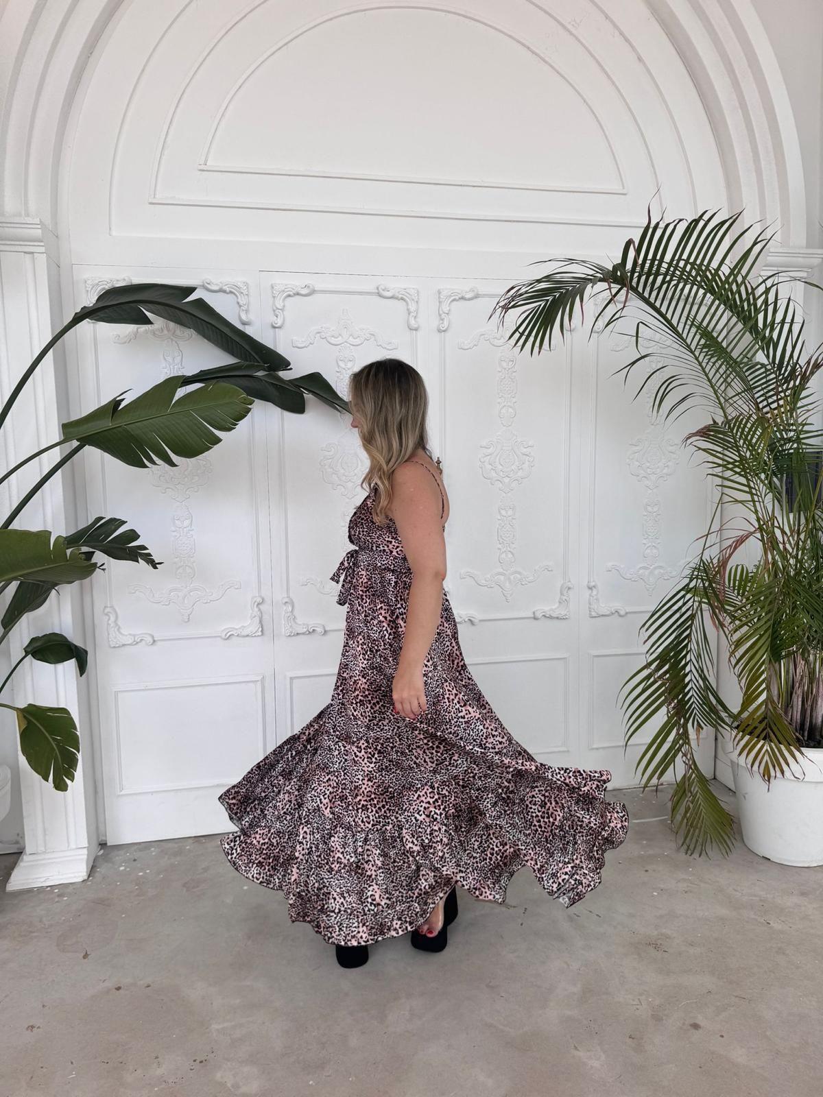 İPEK SATEN ASKILI TASARIM ELBİSE LEOPAR