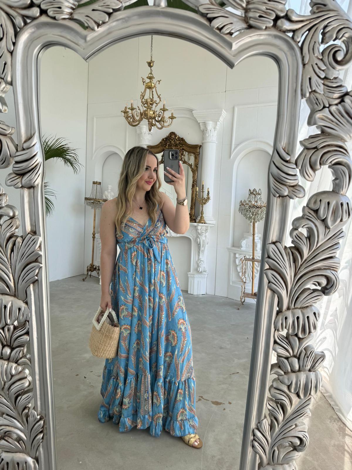 İPEK SATEN ASKILI TASARIM ELBİSE MAVİ