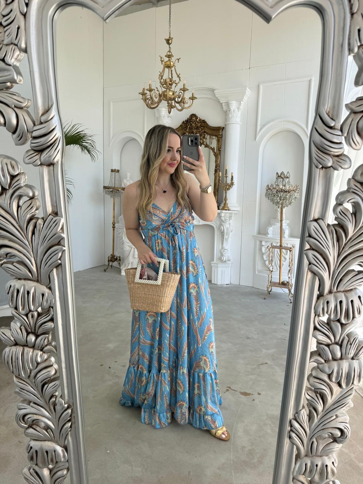 İPEK SATEN ASKILI TASARIM ELBİSE MAVİ