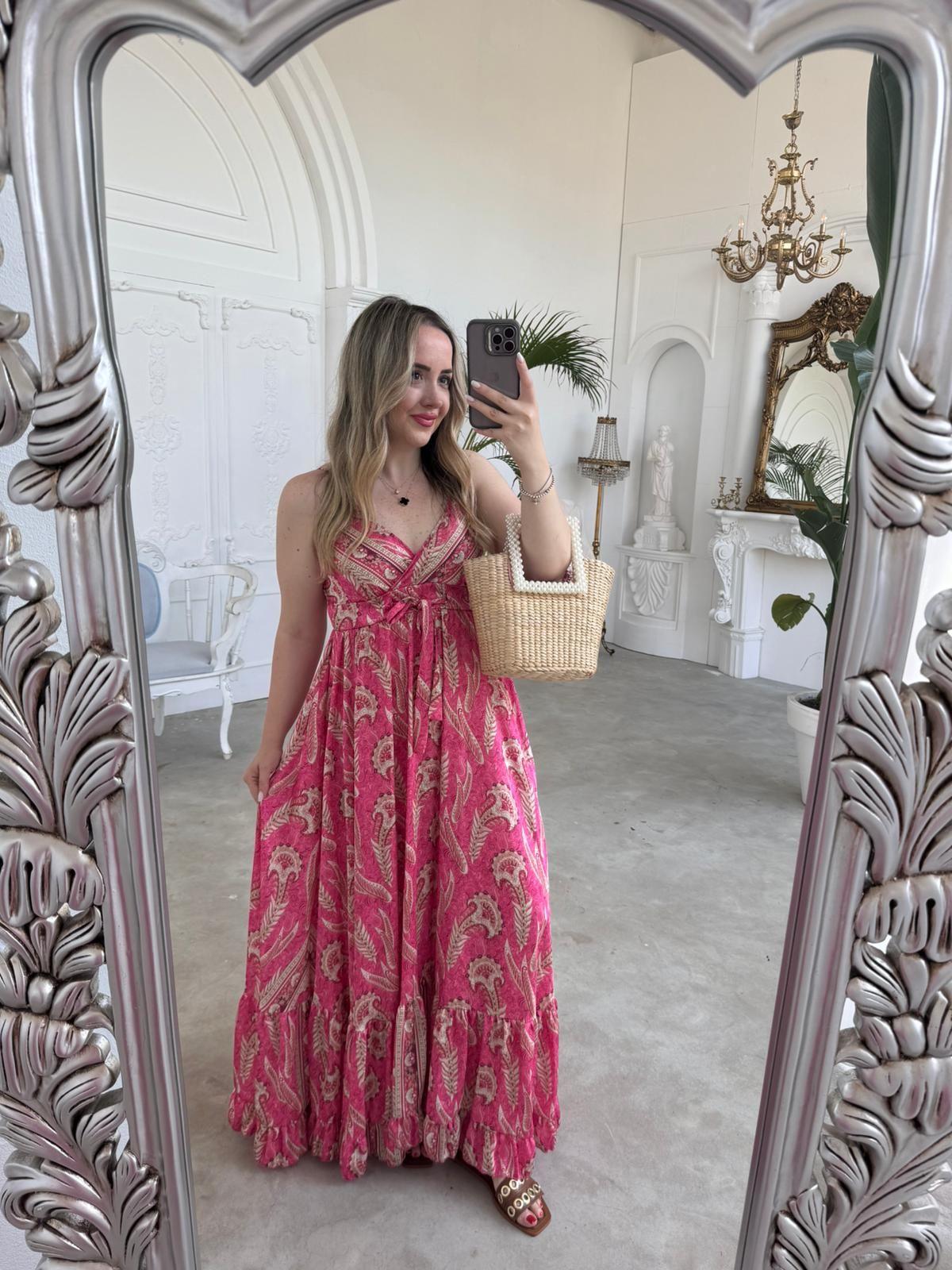 İPEK SATEN ASKILI TASARIM ELBİSE PEMBE