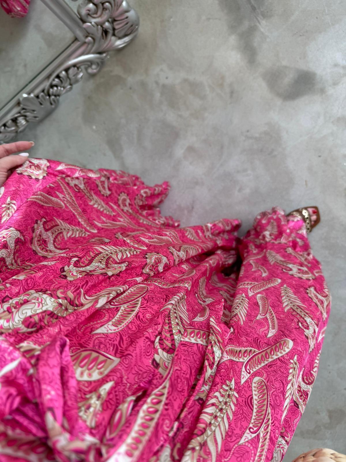 İPEK SATEN ASKILI TASARIM ELBİSE PEMBE