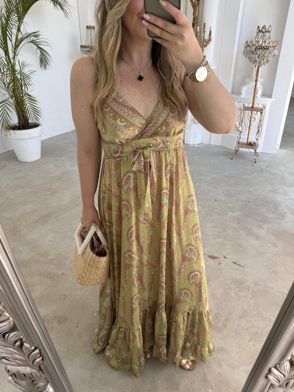 İPEK SATEN ASKILI TASARIM ELBİSE YEŞİL