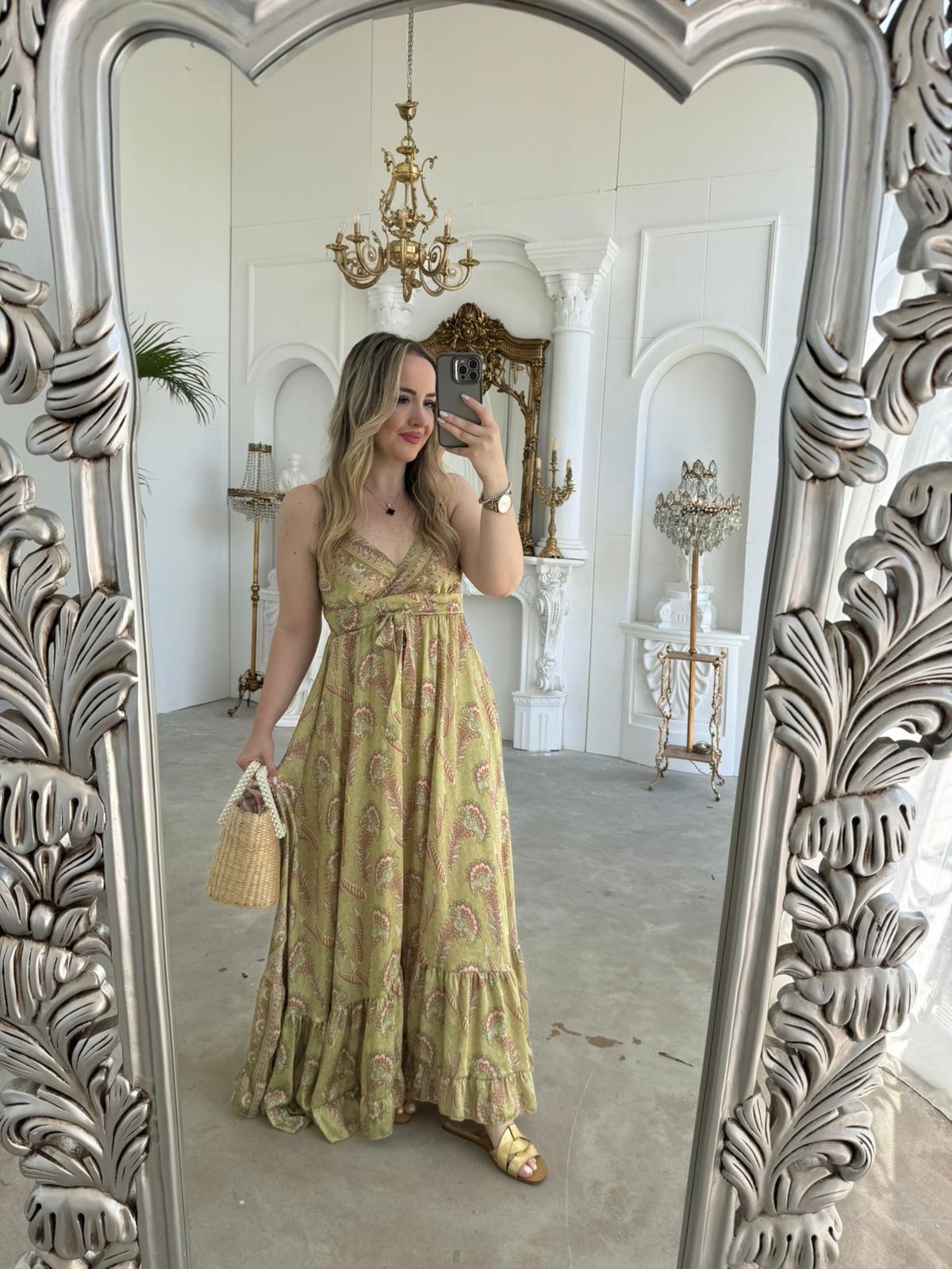 İPEK SATEN ASKILI TASARIM ELBİSE YEŞİL