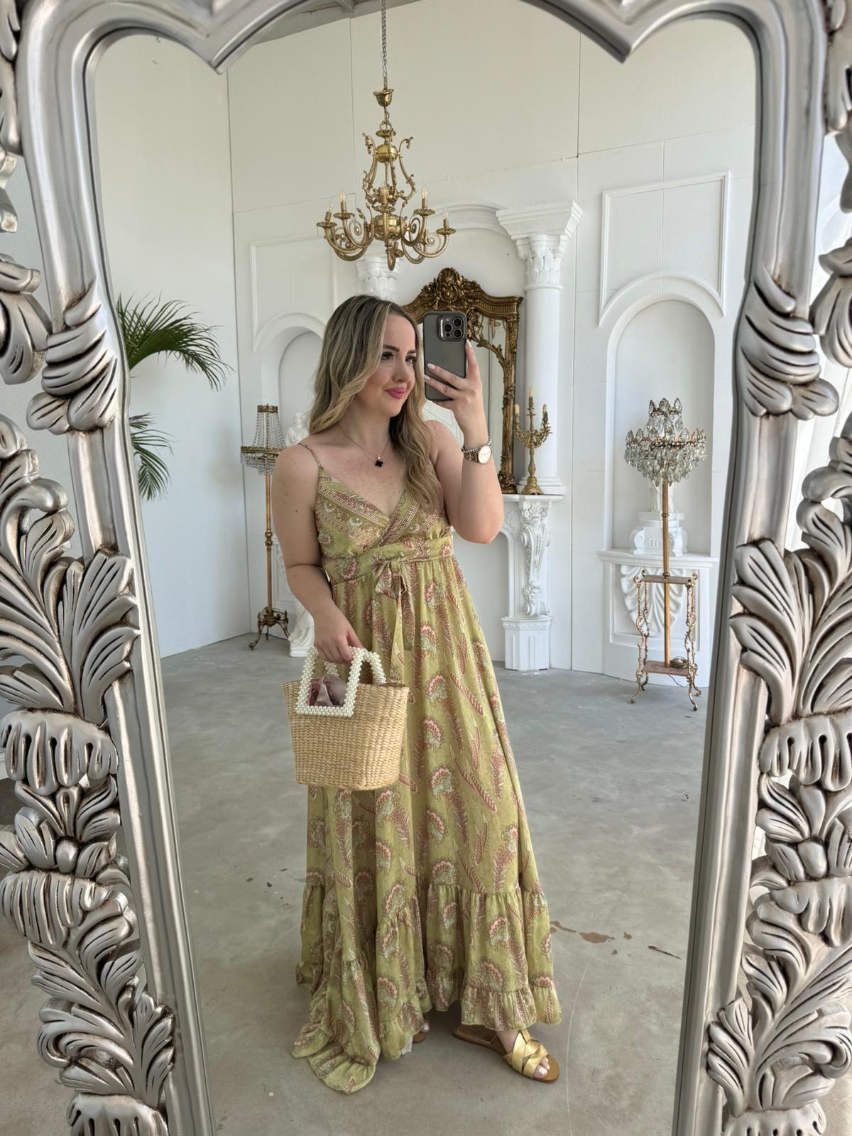 İPEK SATEN ASKILI TASARIM ELBİSE YEŞİL