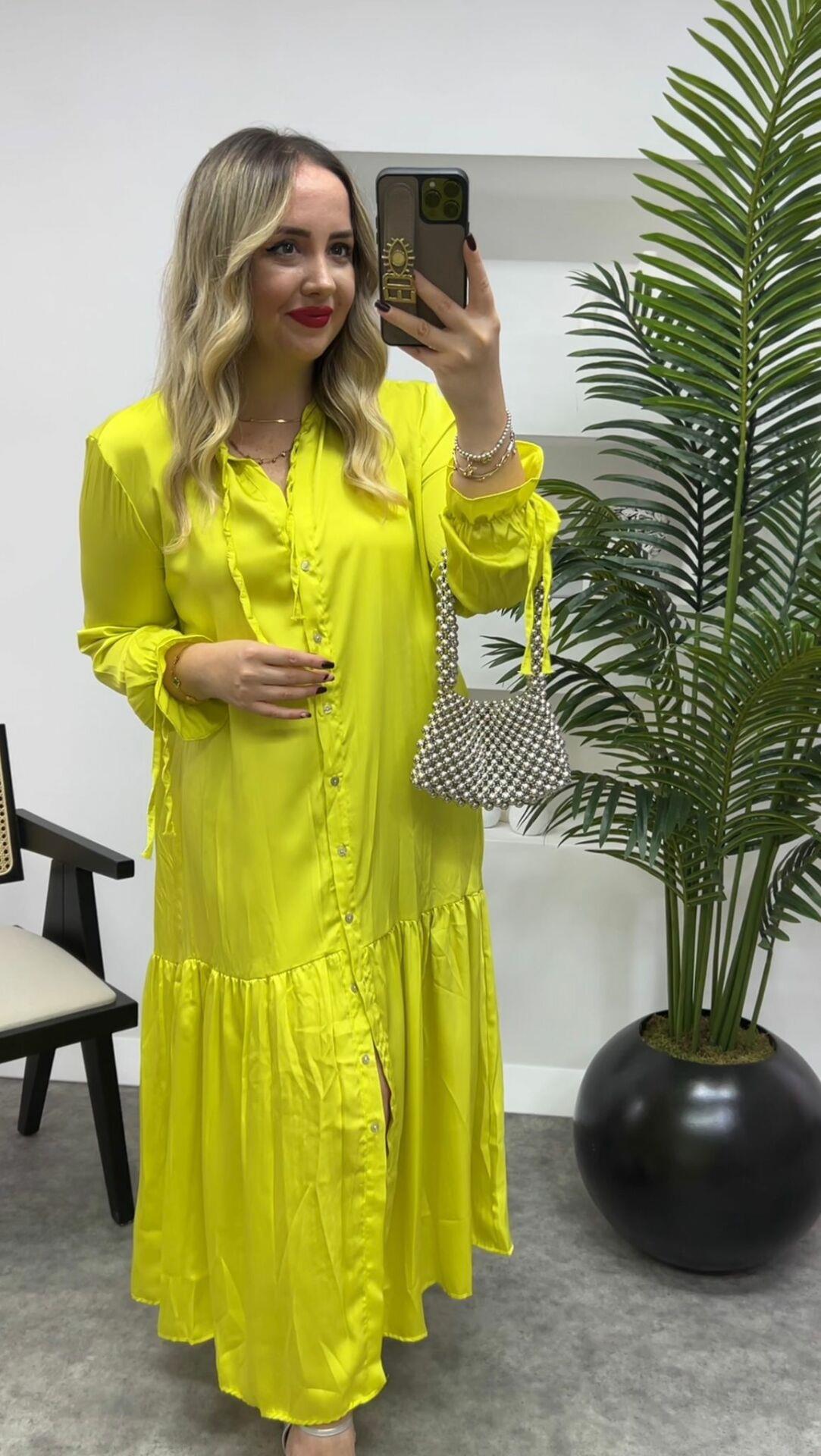 İPEK SATEN ÖNDEN DÜĞMELİ  MNGO ELBİSE OLİVE SARİ