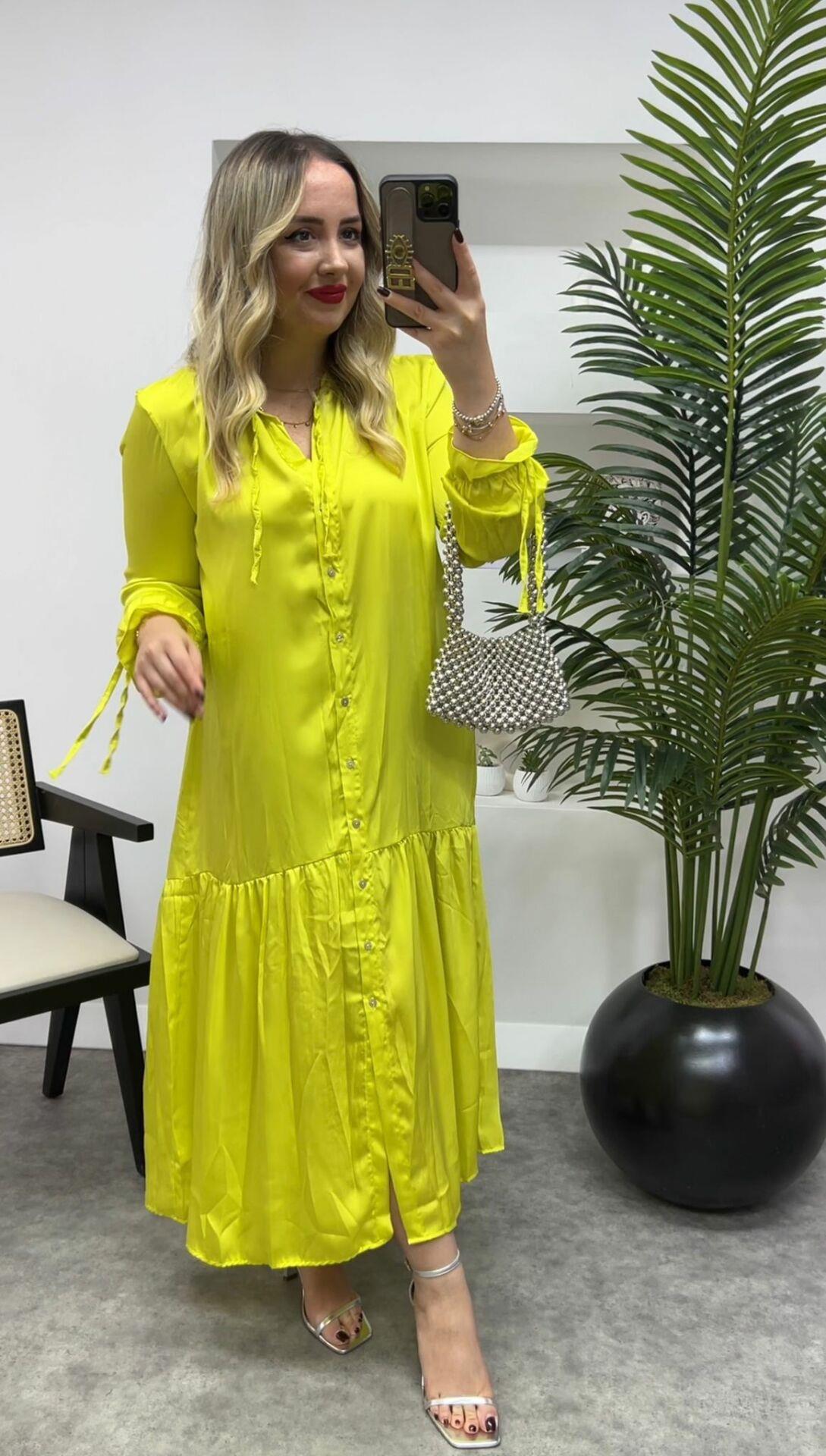 İPEK SATEN ÖNDEN DÜĞMELİ  MNGO ELBİSE OLİVE SARİ