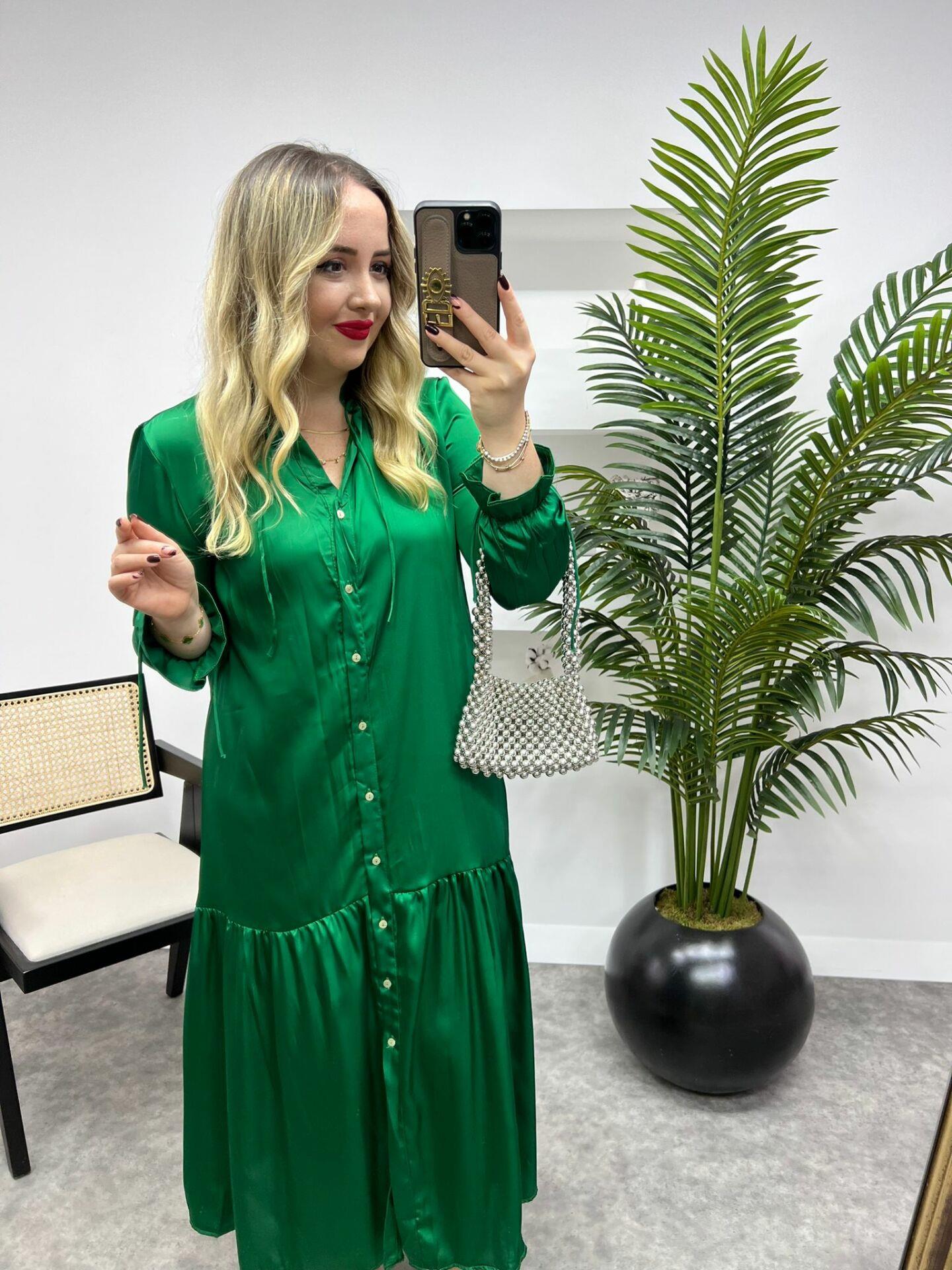 İPEK SATEN ÖNDEN DÜĞMELİ  MNGO ELBİSE YEŞİL