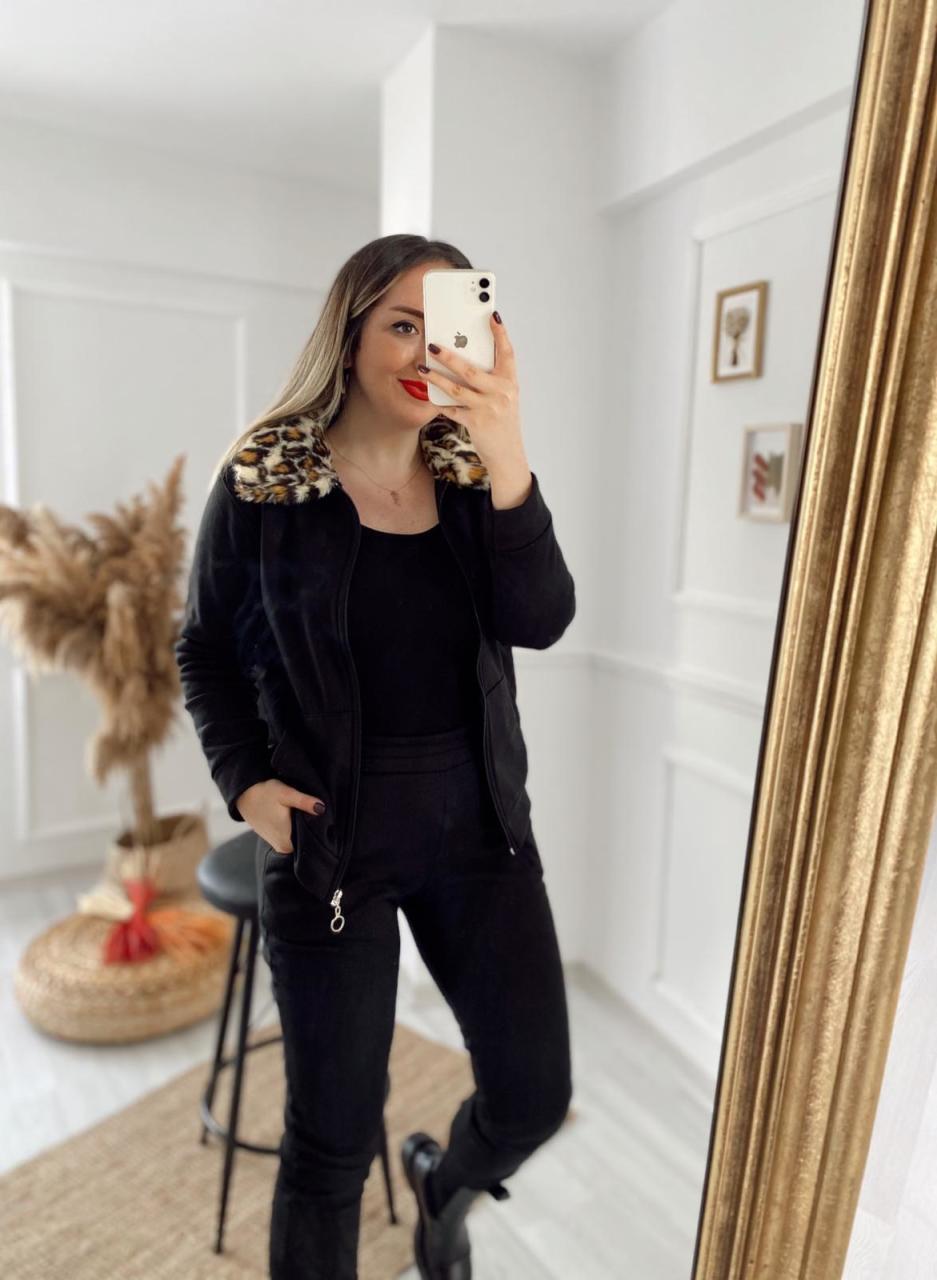 İTHAL PELUŞ LEOPAR DETAYLI SİYAH TAKIM