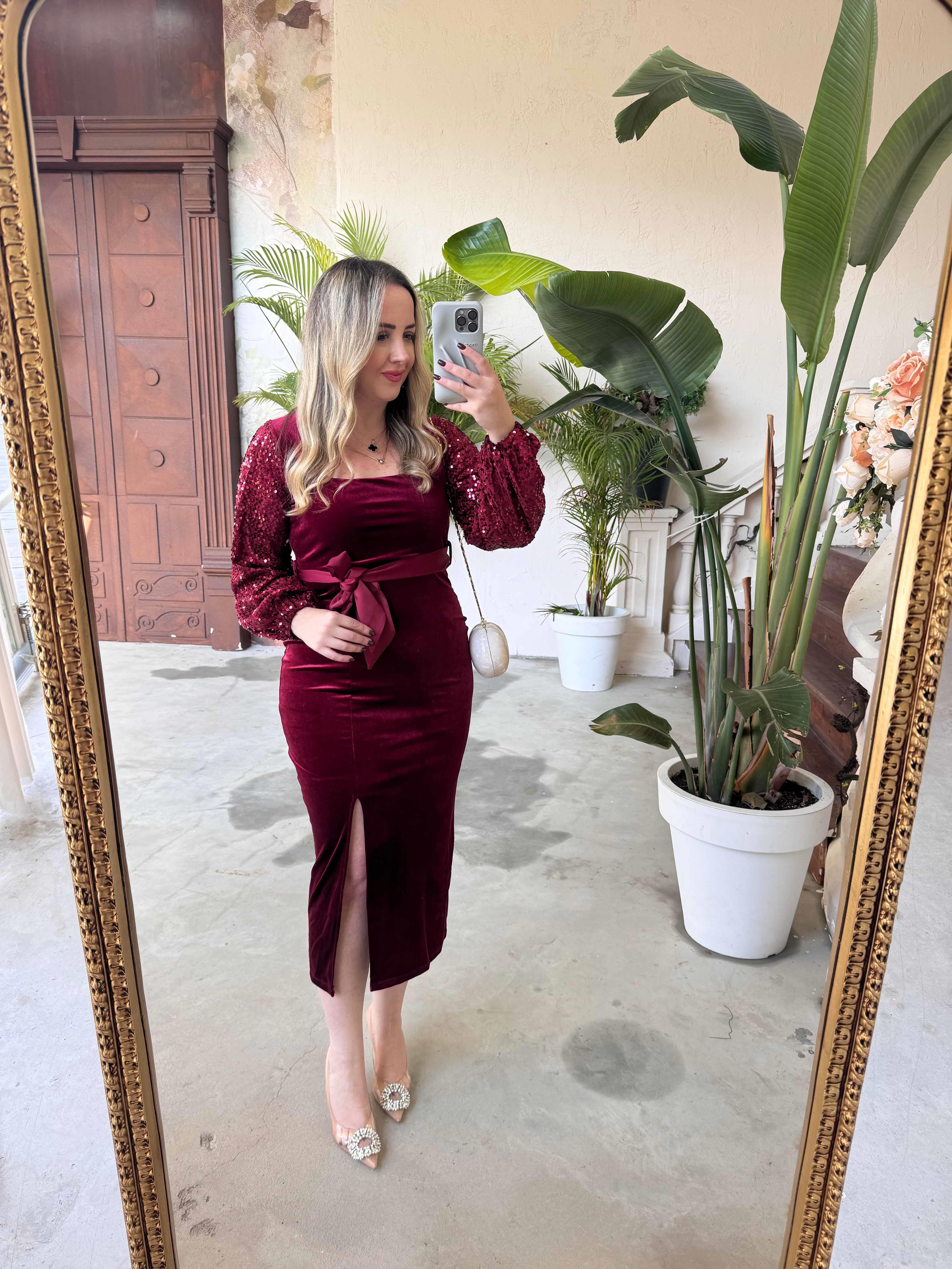 Kadife Kolları Payet Tasarım Kadife Bordo Elbise